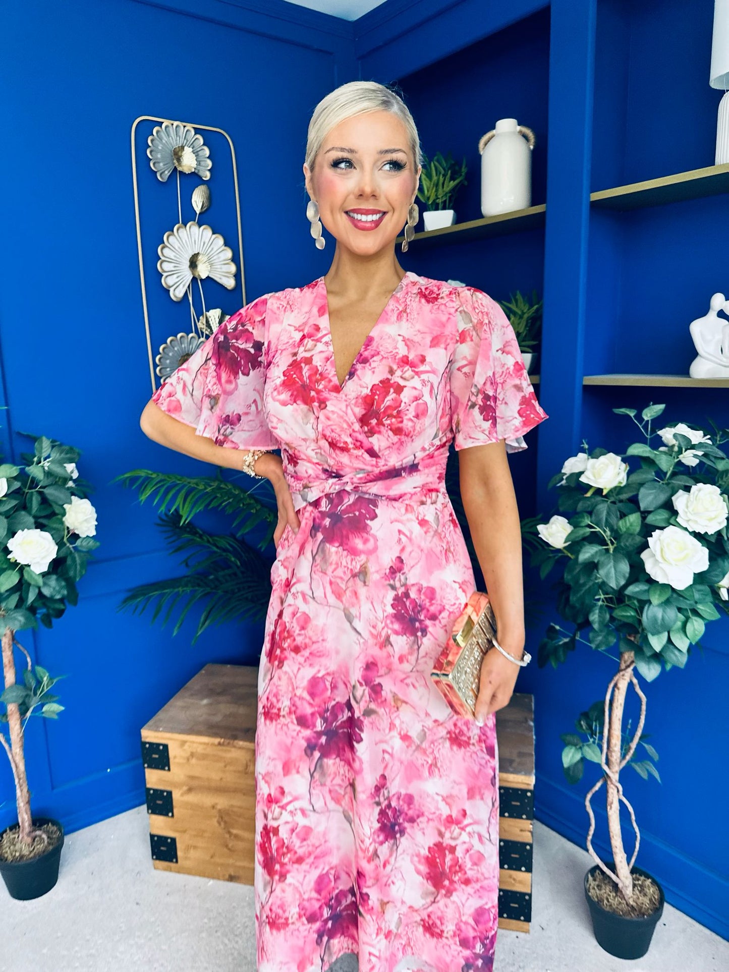 Daisy Twist Detail Midi Dress Floral Pink