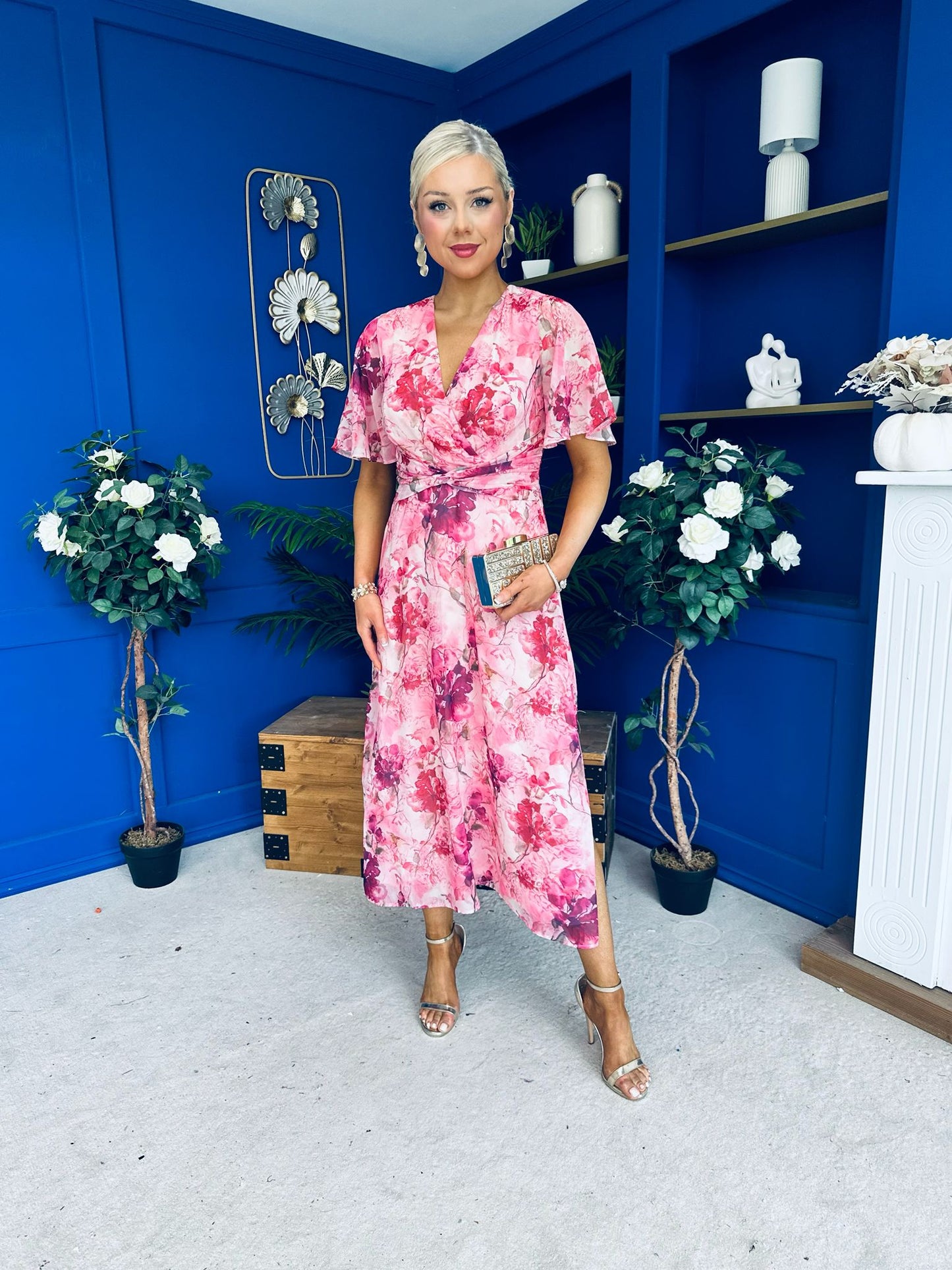 Daisy Twist Detail Midi Dress Floral Pink