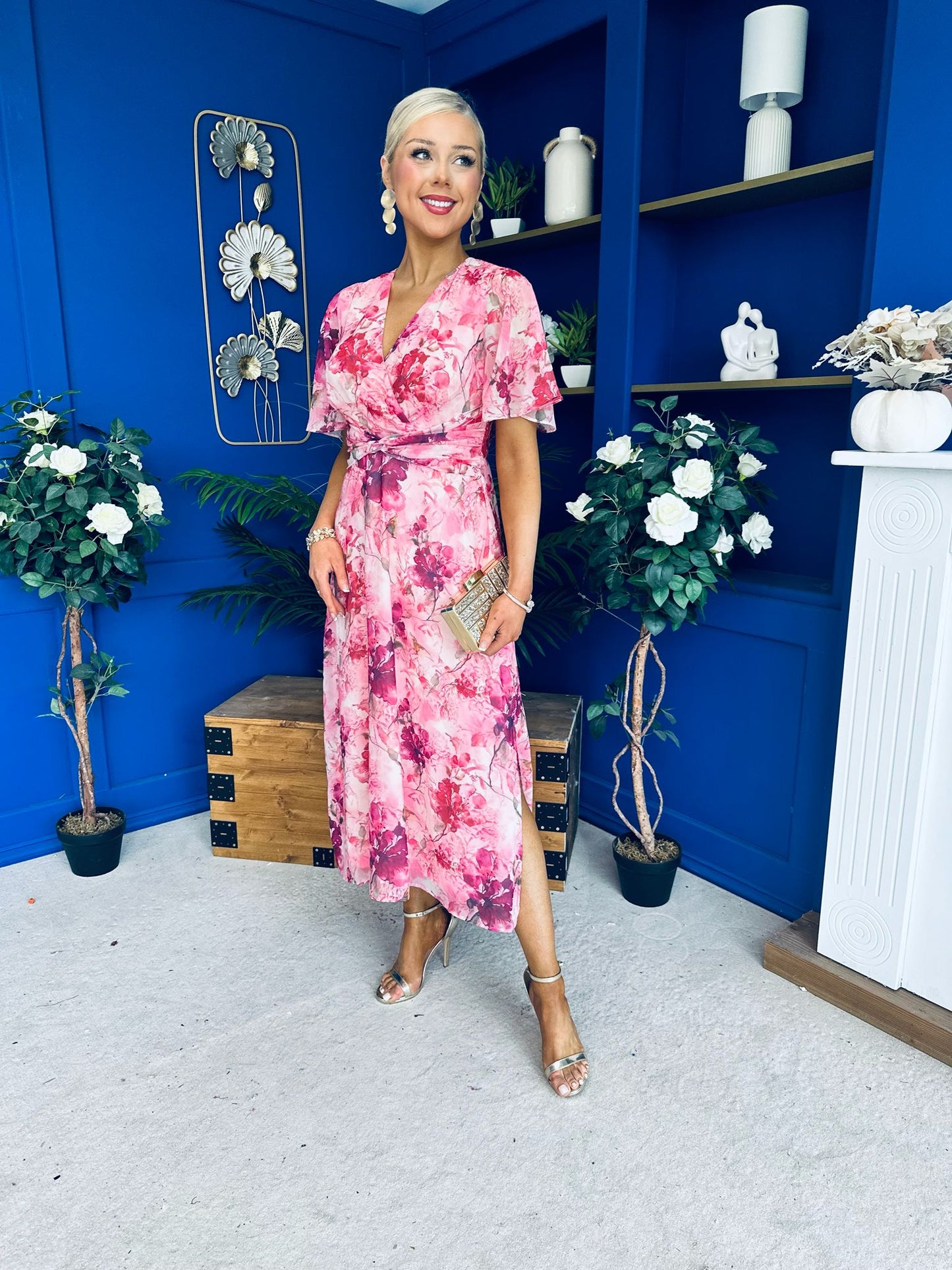 Daisy Twist Detail Midi Dress Floral Pink