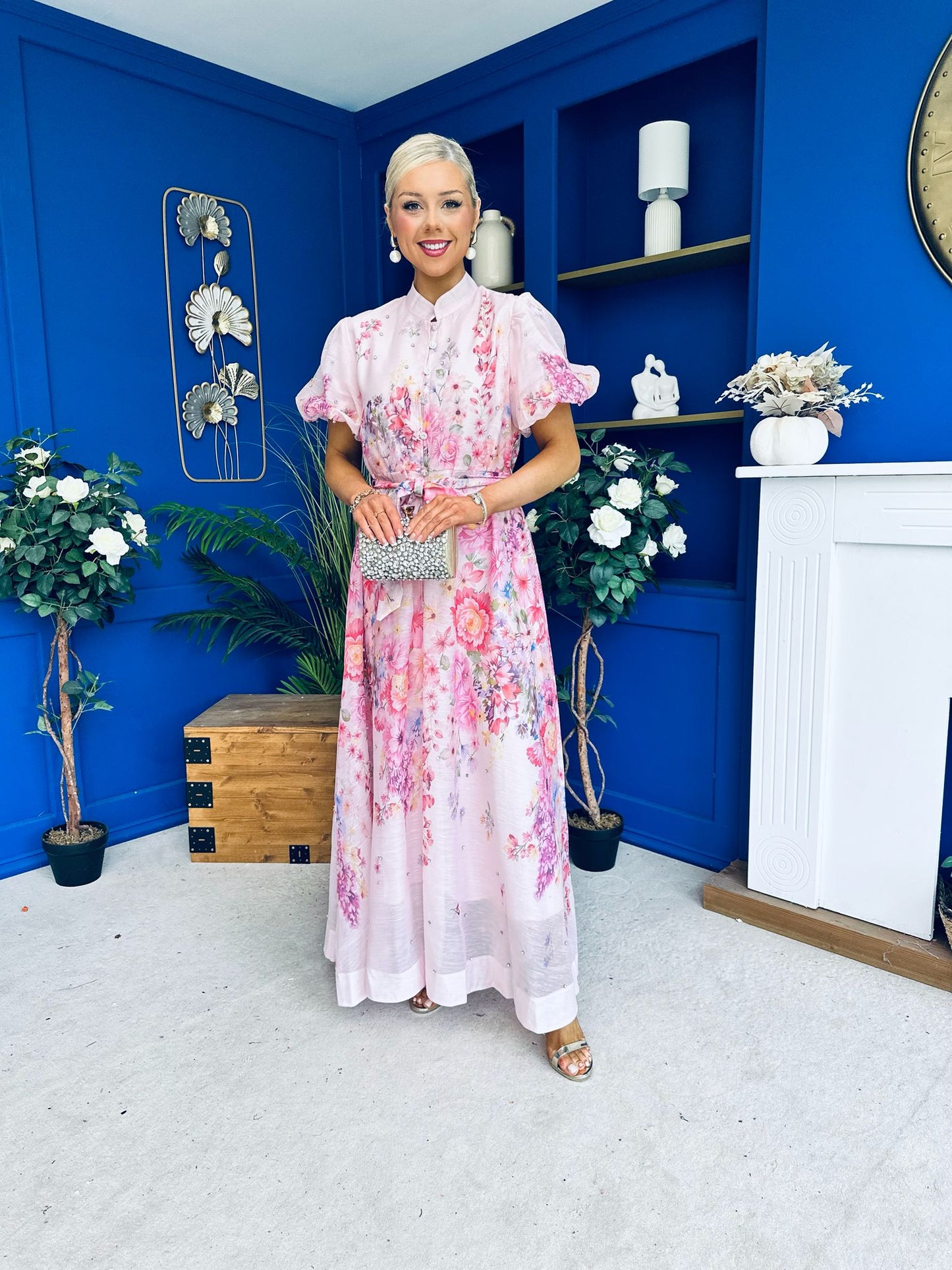 Becca Puff Sleeve Embellished Shirt Dress Floral Pink