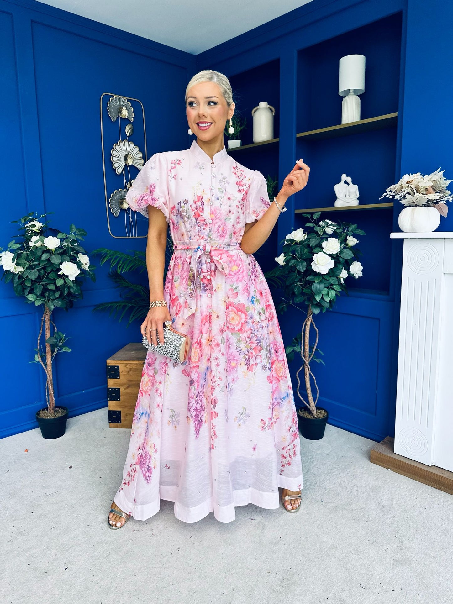 Becca Puff Sleeve Embellished Shirt Dress Floral Pink