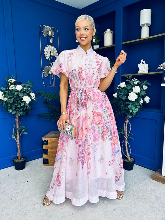 Becca Puff Sleeve Embellished Shirt Dress Floral Pink