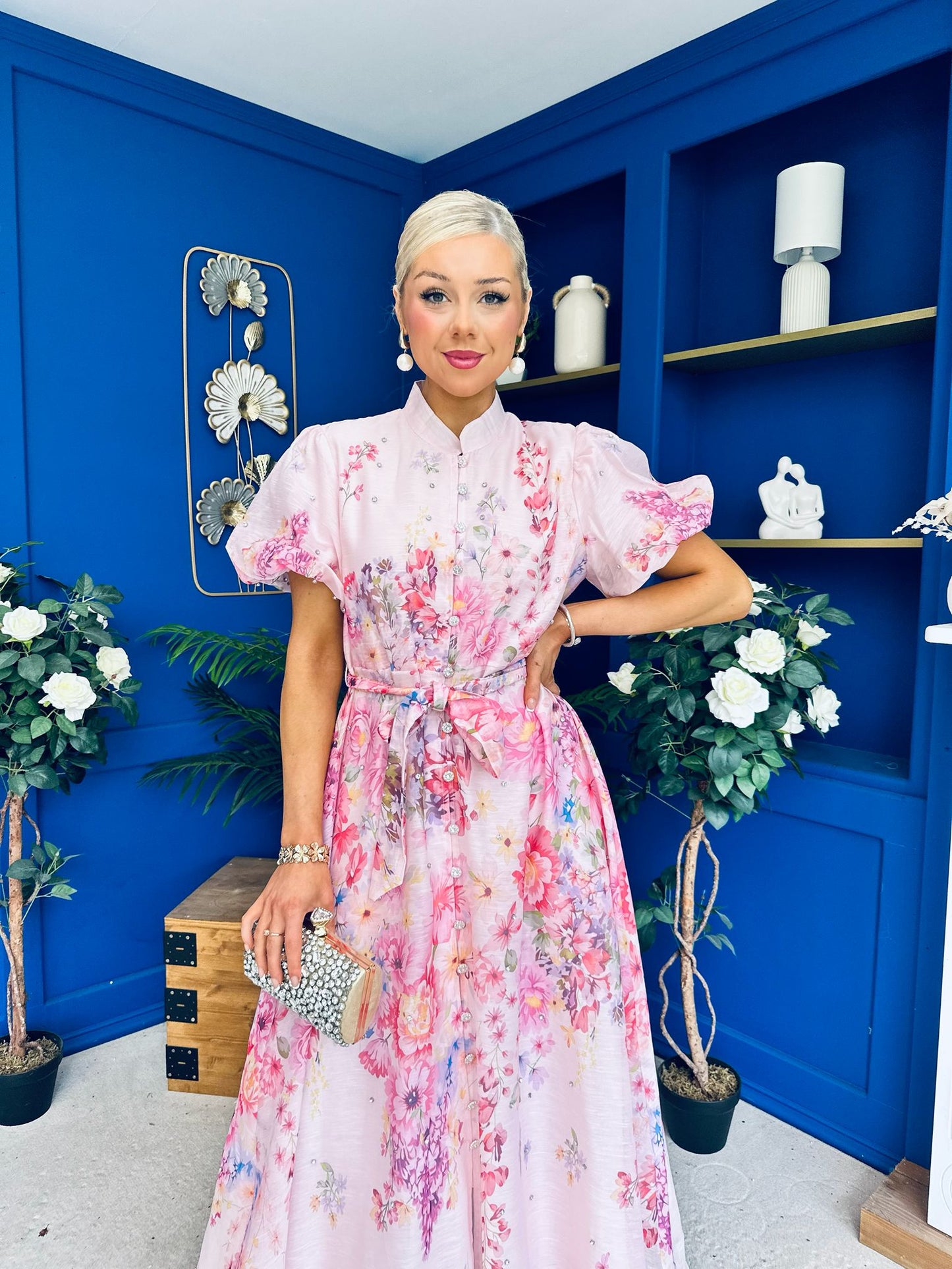 Becca Puff Sleeve Embellished Shirt Dress Floral Pink