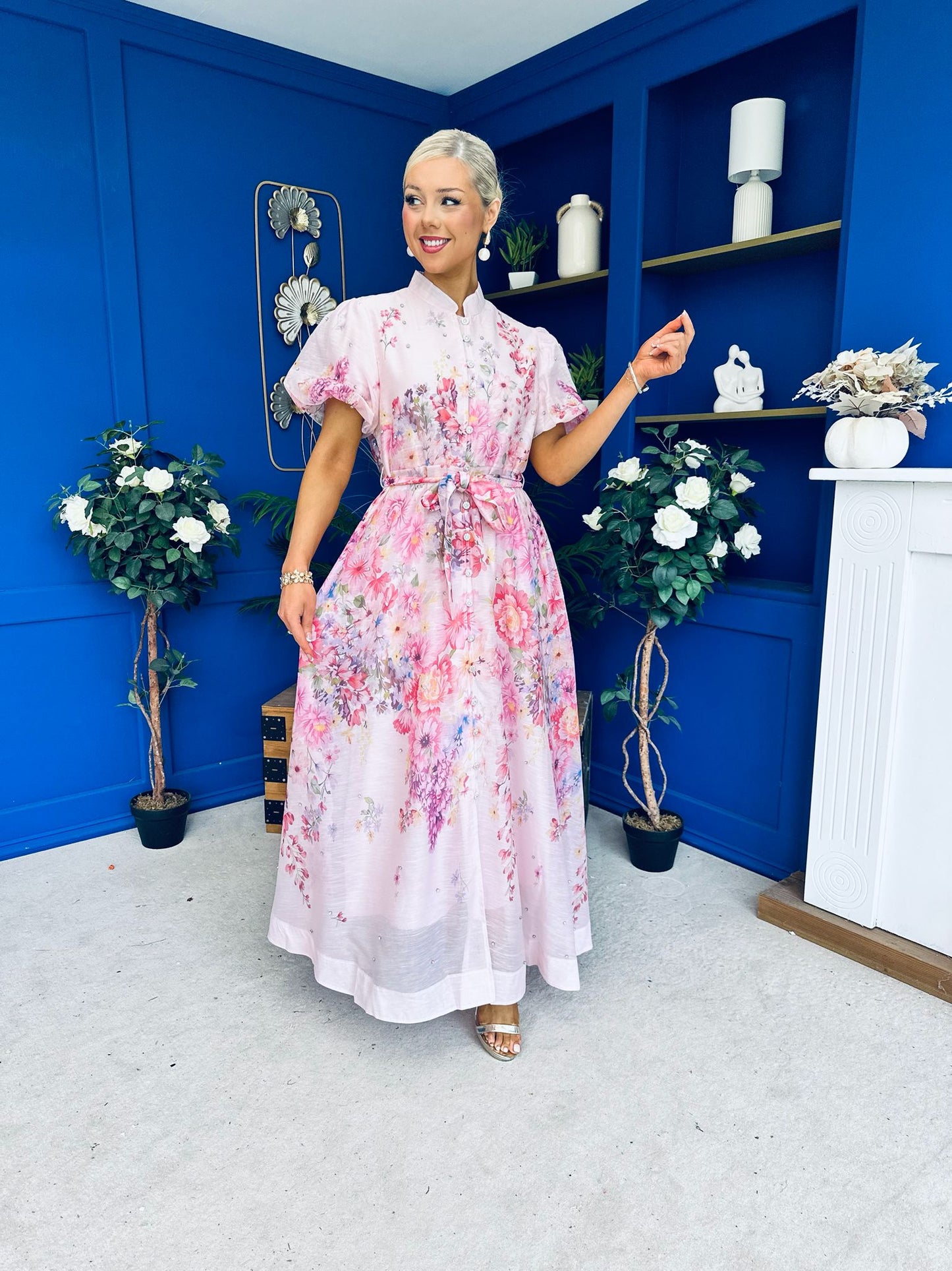 Becca Puff Sleeve Embellished Shirt Dress Floral Pink
