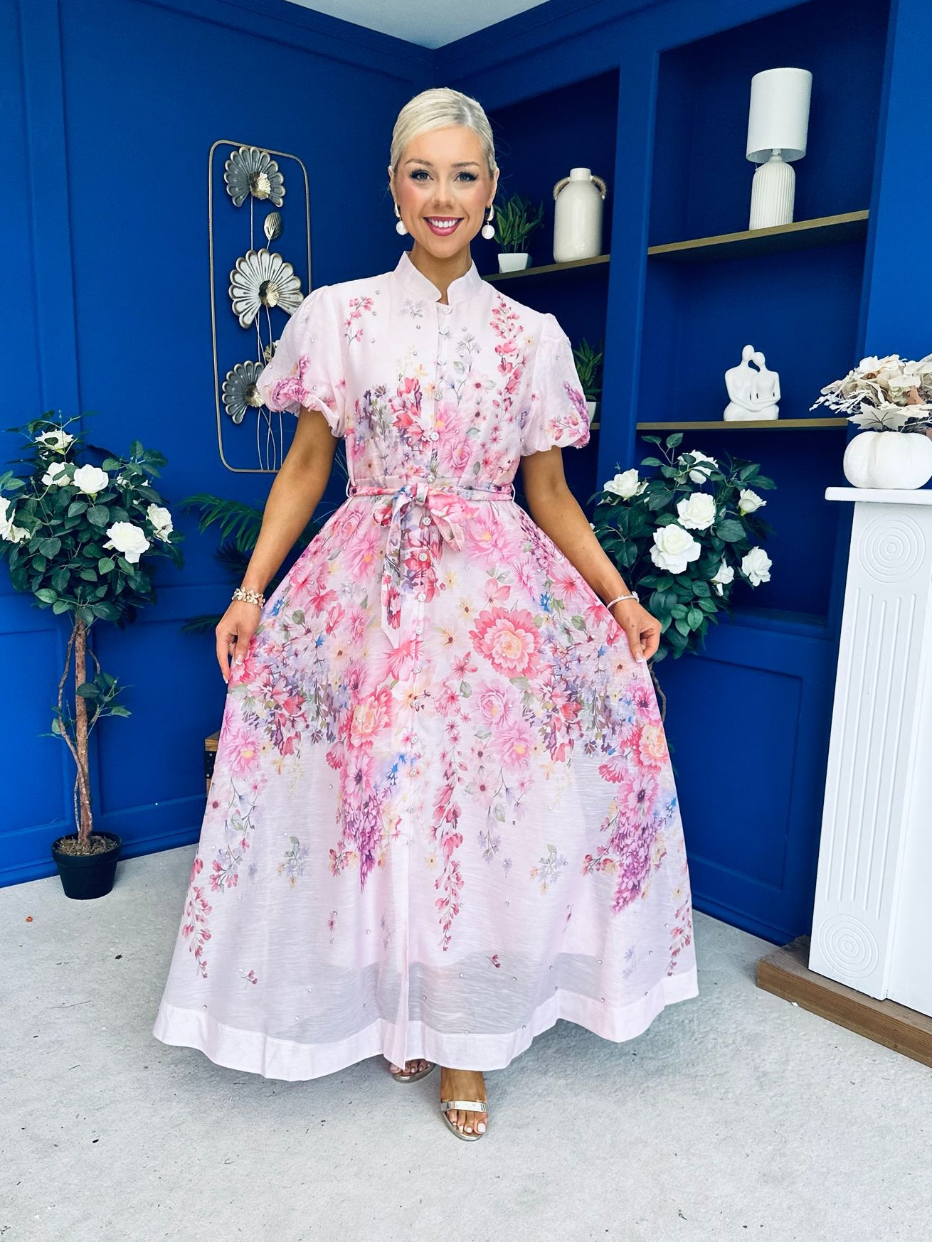 Becca Puff Sleeve Embellished Shirt Dress Floral Pink