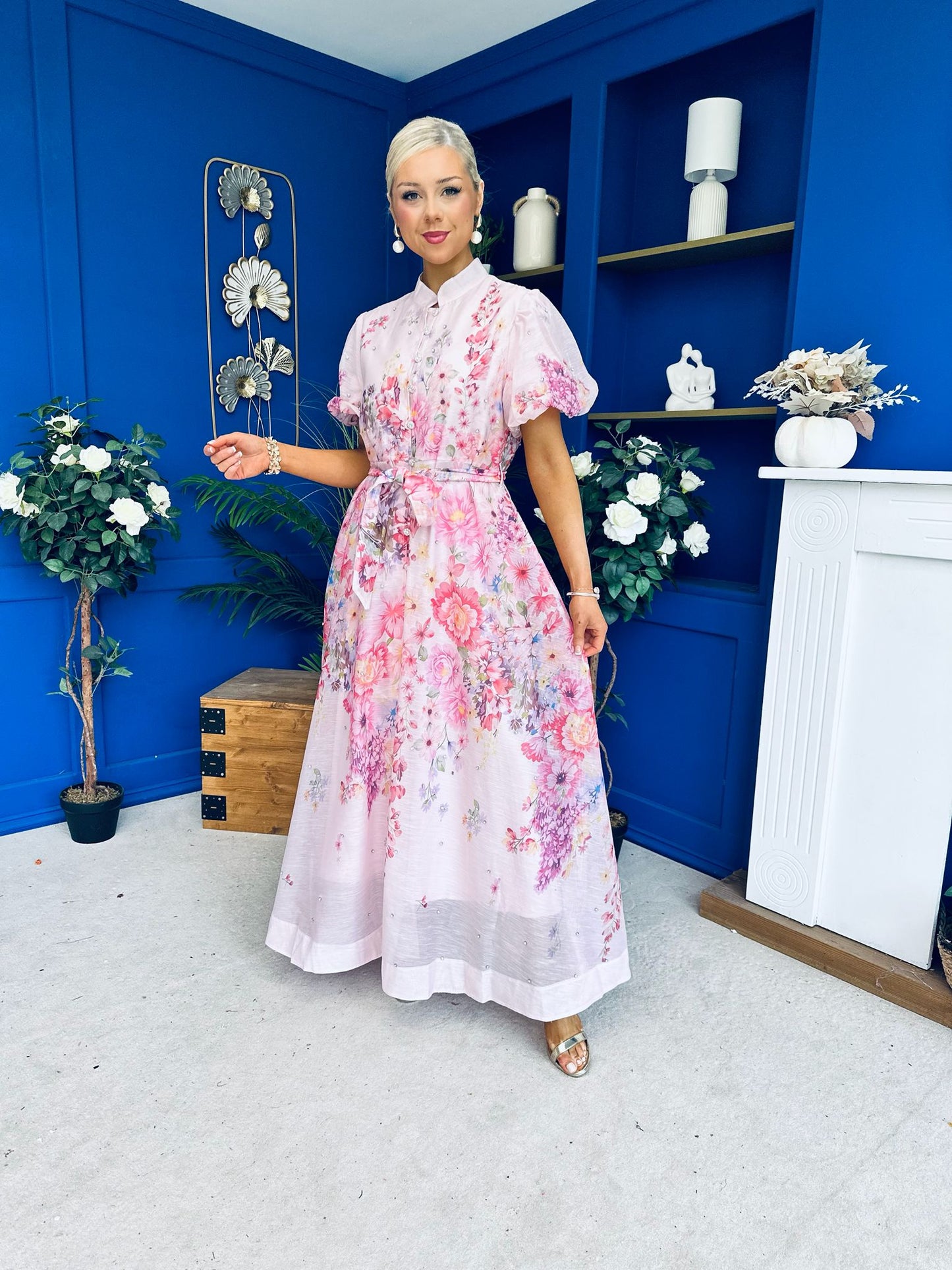 Becca Puff Sleeve Embellished Shirt Dress Floral Pink