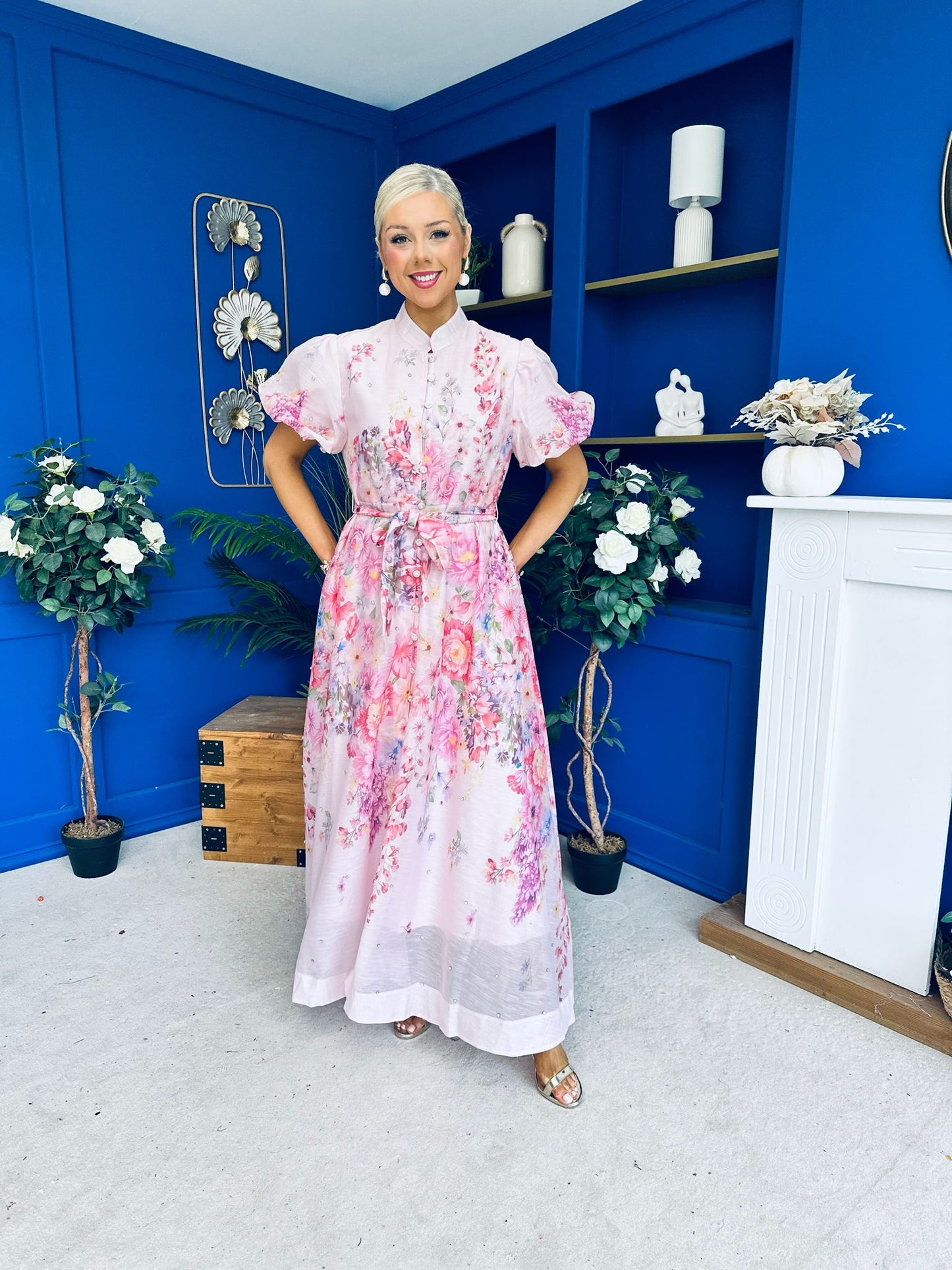 Becca Puff Sleeve Embellished Shirt Dress Floral Pink