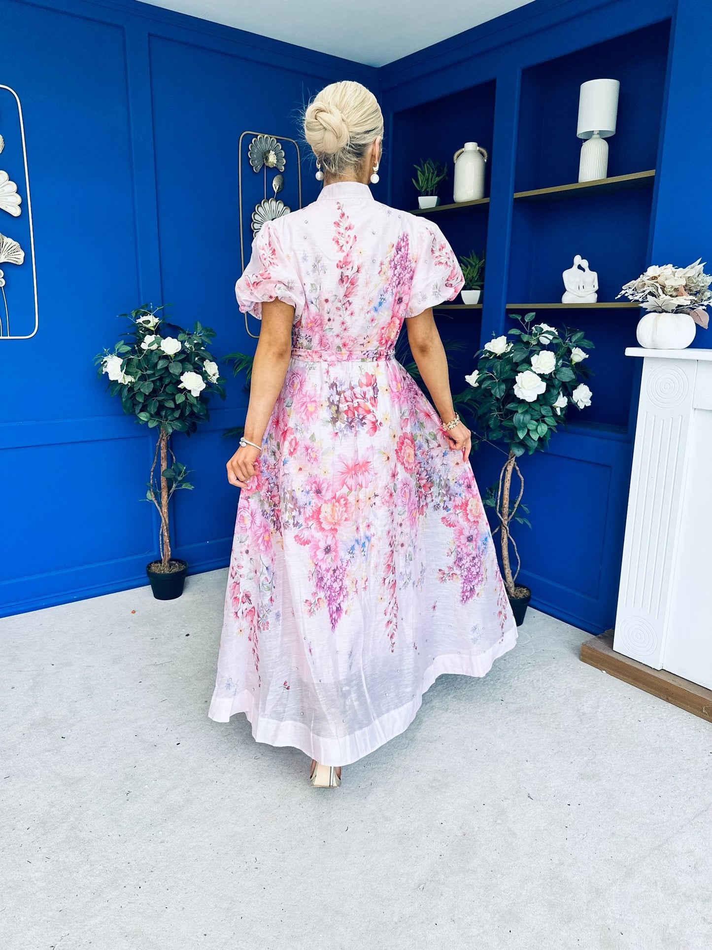 Becca Puff Sleeve Embellished Shirt Dress Floral Pink