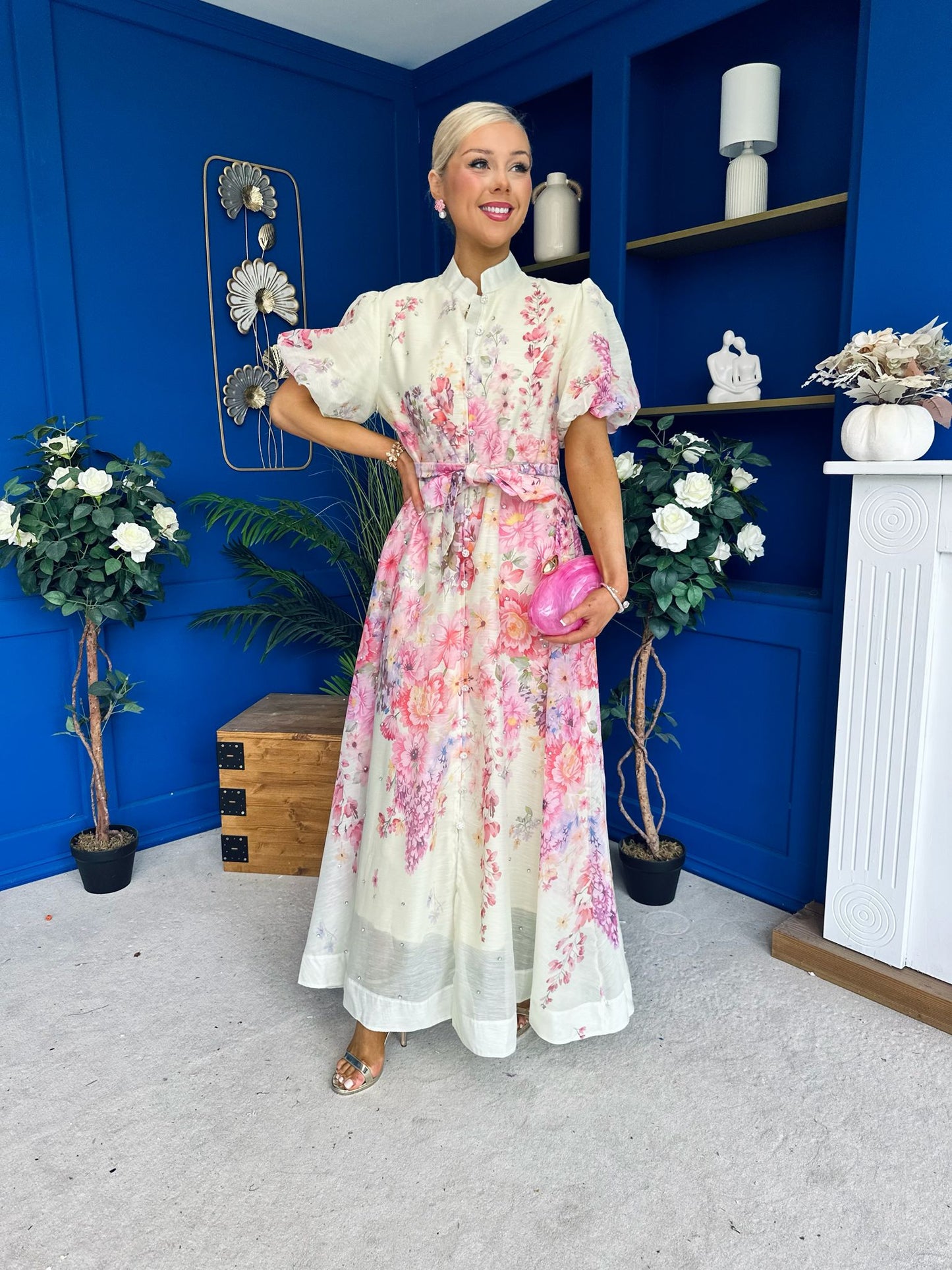 Becca Puff Sleeve Embellished Shirt Dress Floral Yellow