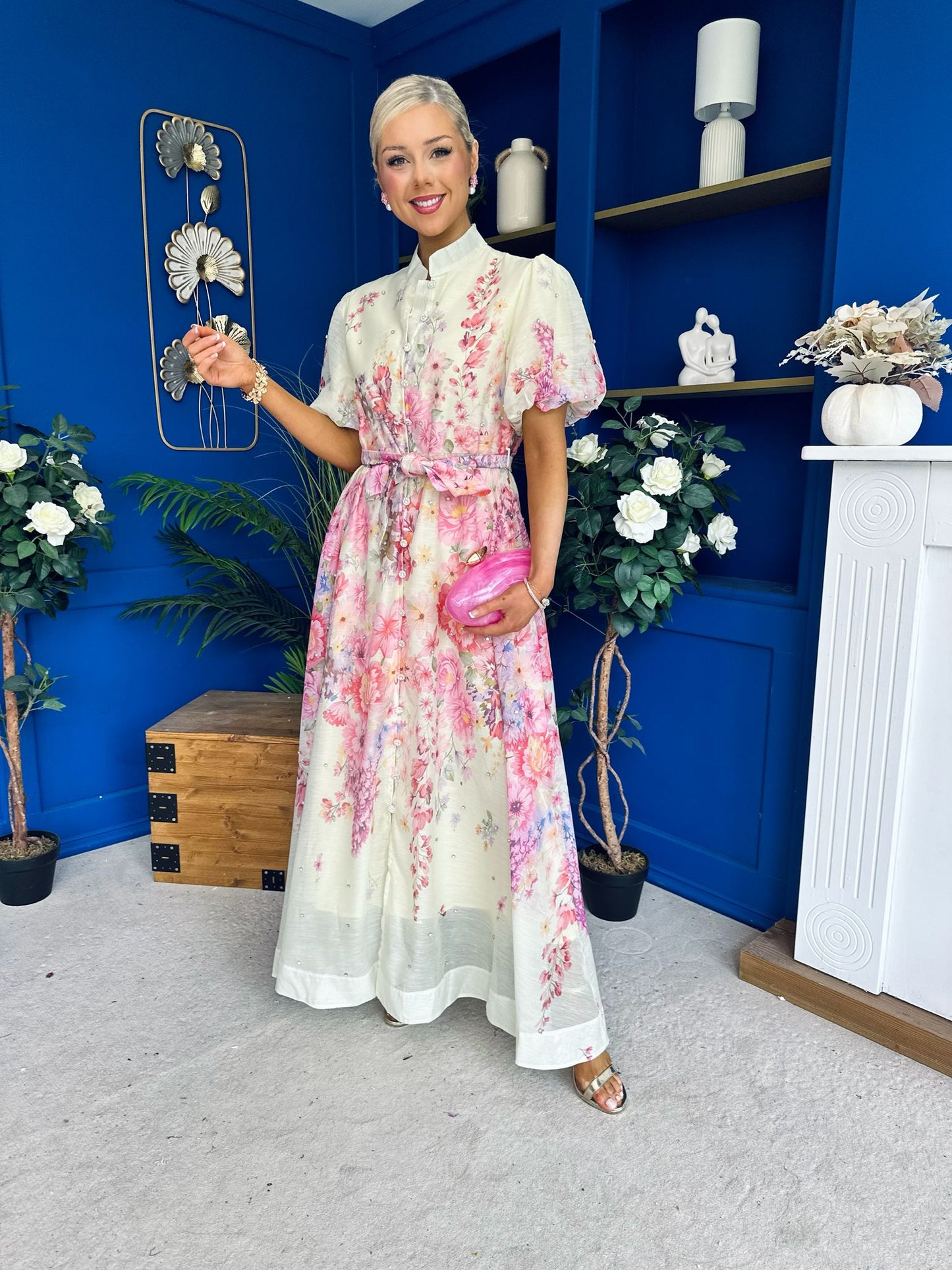 Becca Puff Sleeve Embellished Shirt Dress Floral Yellow