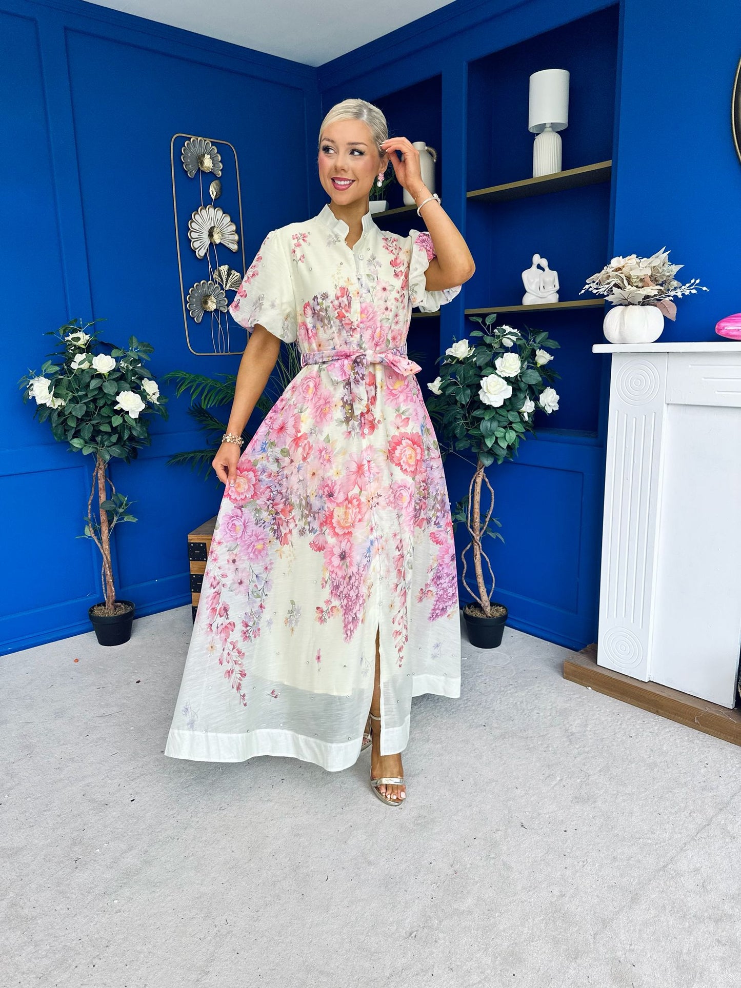 Becca Puff Sleeve Embellished Shirt Dress Floral Yellow