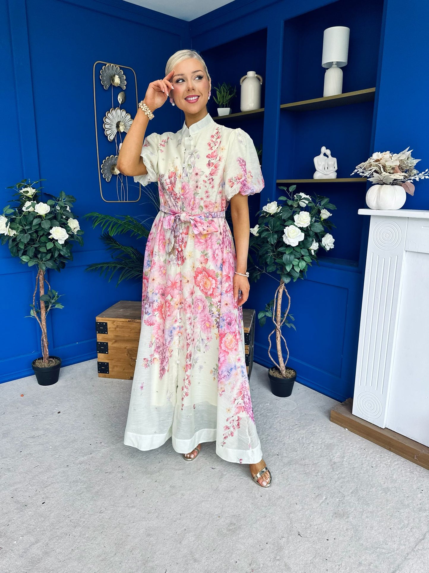 Becca Puff Sleeve Embellished Shirt Dress Floral Yellow