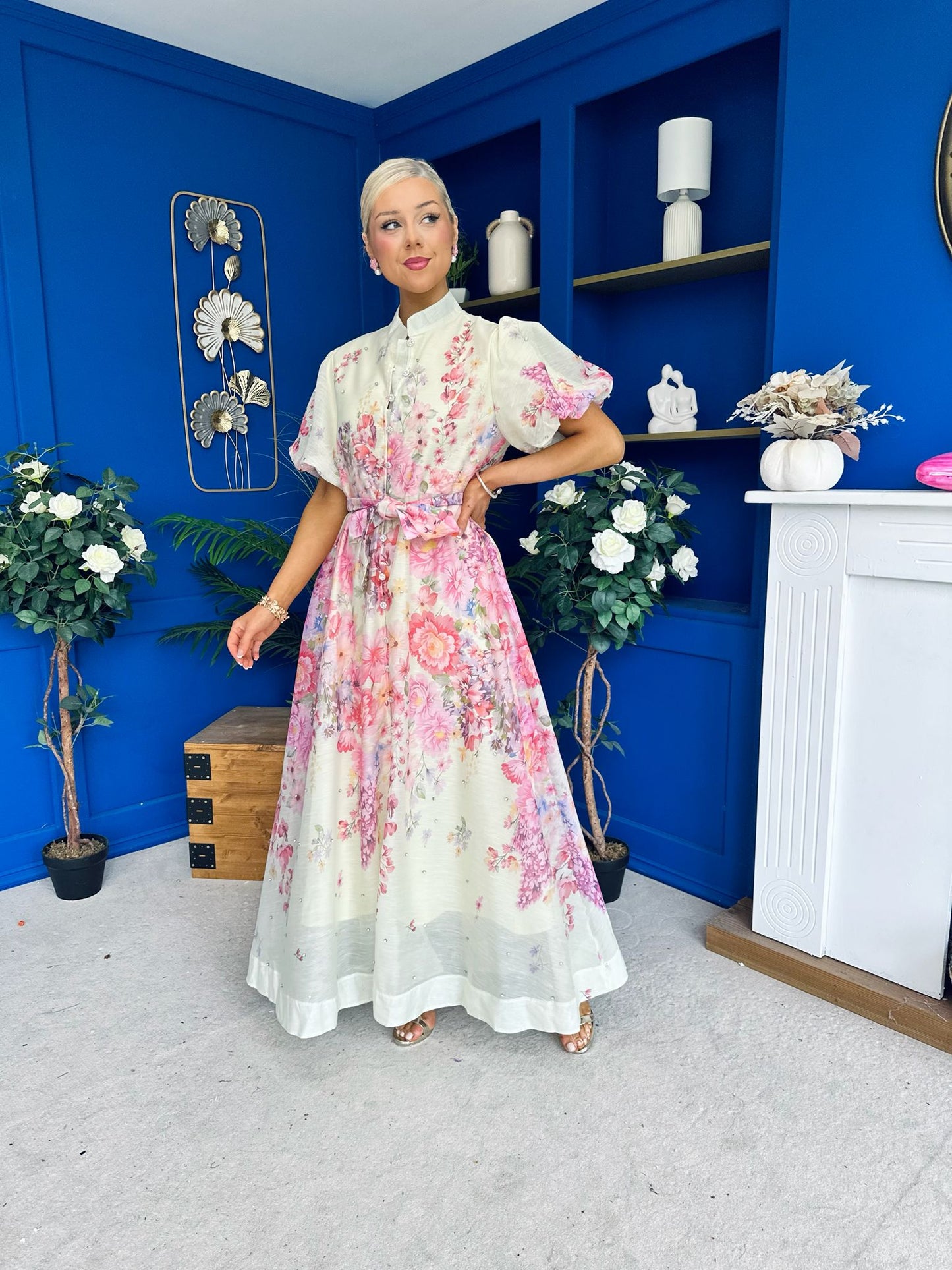 Becca Puff Sleeve Embellished Shirt Dress Floral Yellow