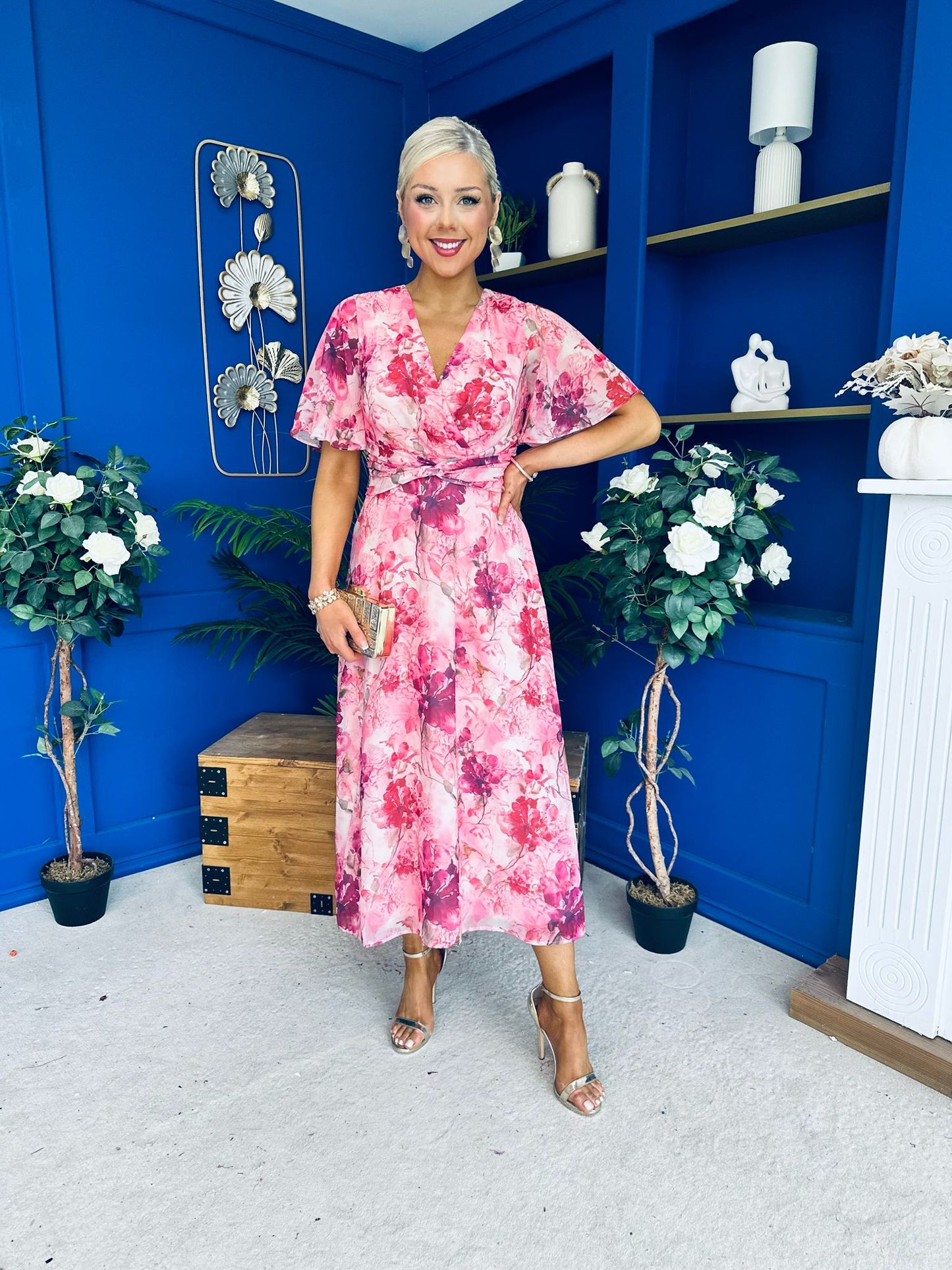 Daisy Twist Detail Midi Dress Floral Pink