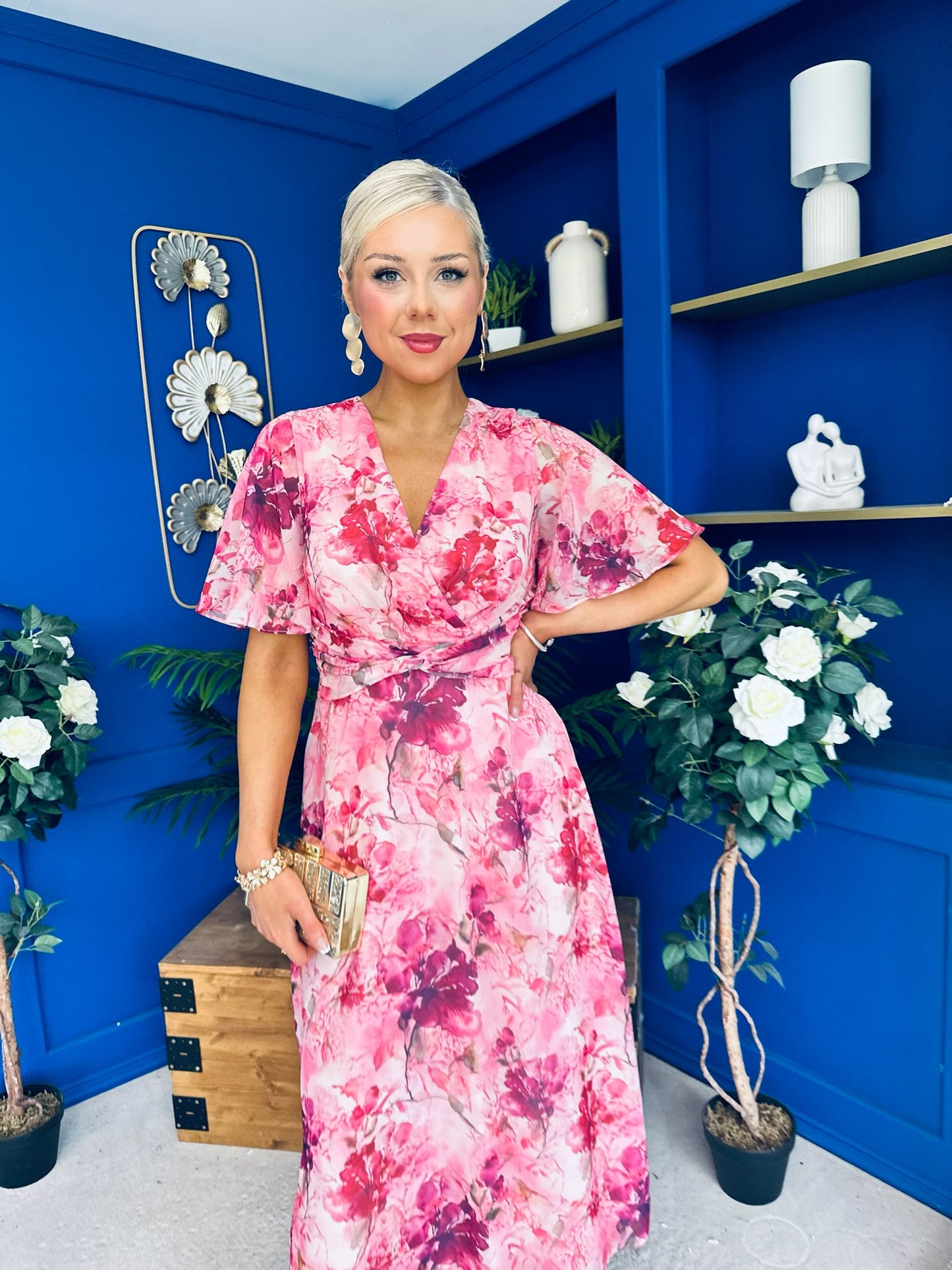 Daisy Twist Detail Midi Dress Floral Pink