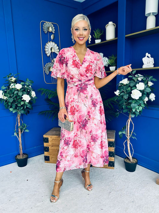 Daisy Twist Detail Midi Dress Floral Pink