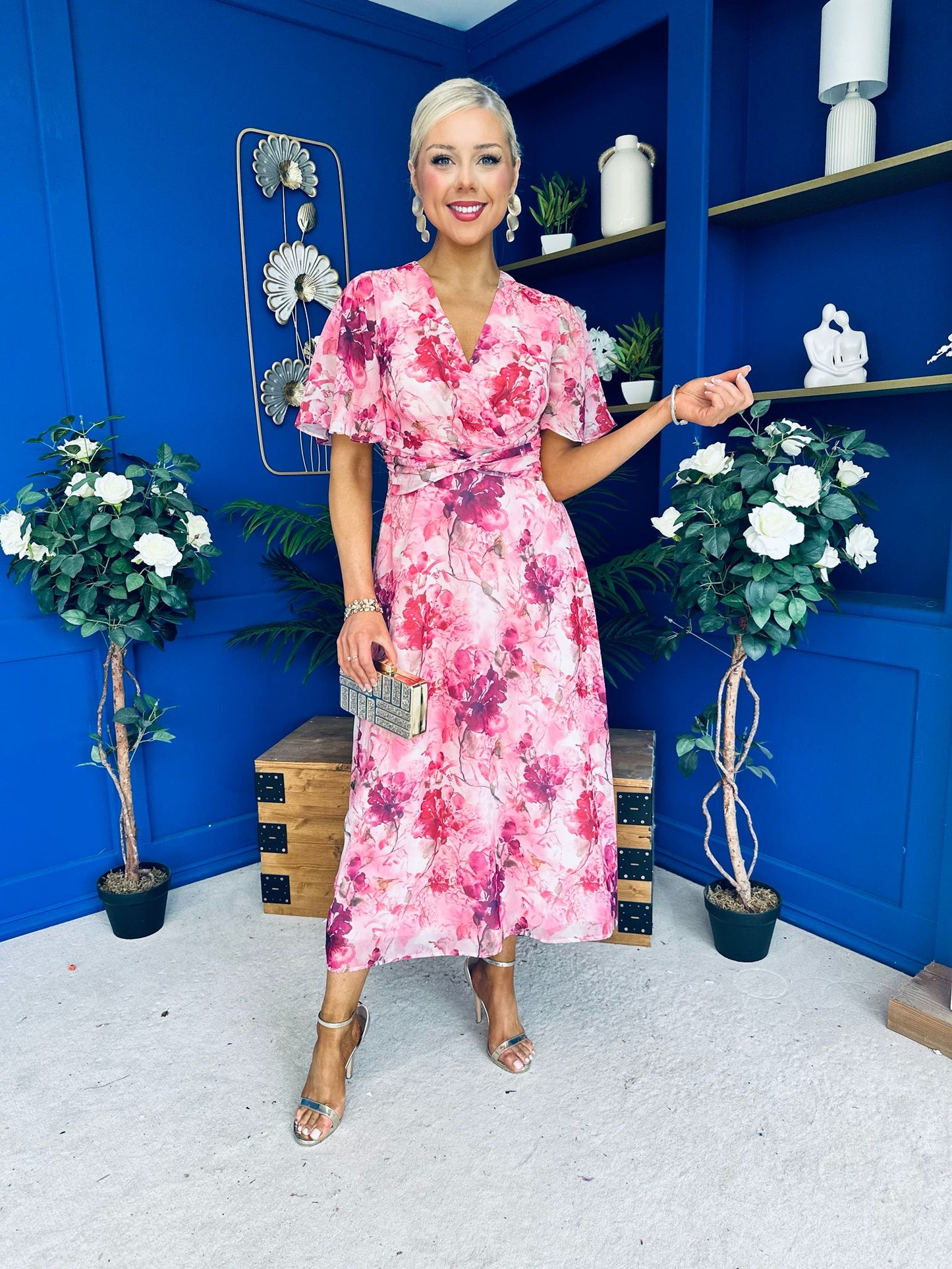 Daisy Twist Detail Midi Dress Floral Pink
