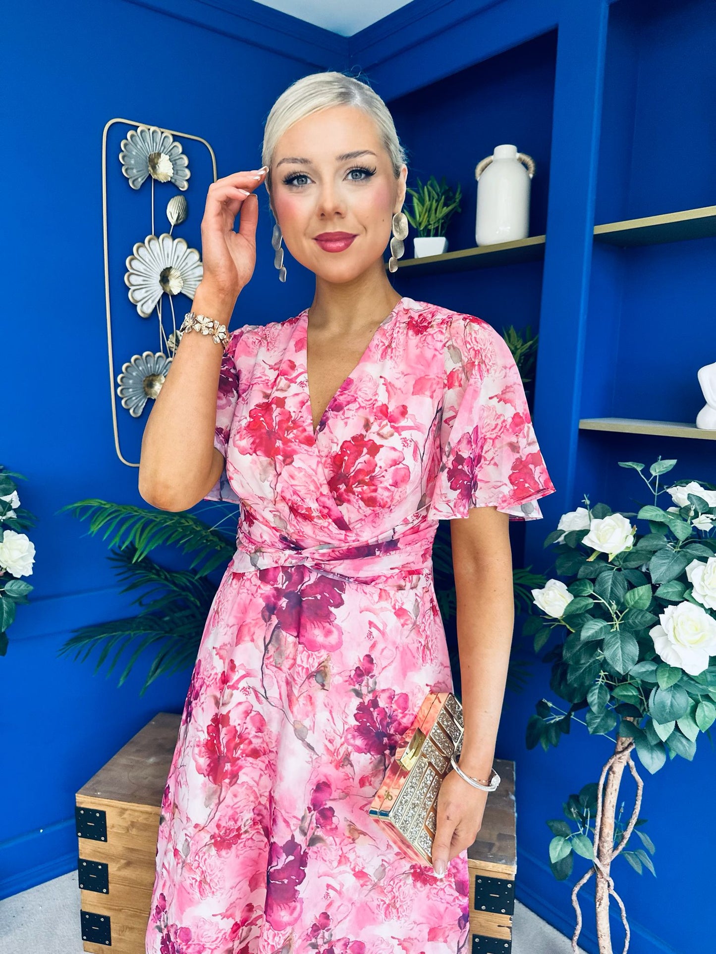 Daisy Twist Detail Midi Dress Floral Pink