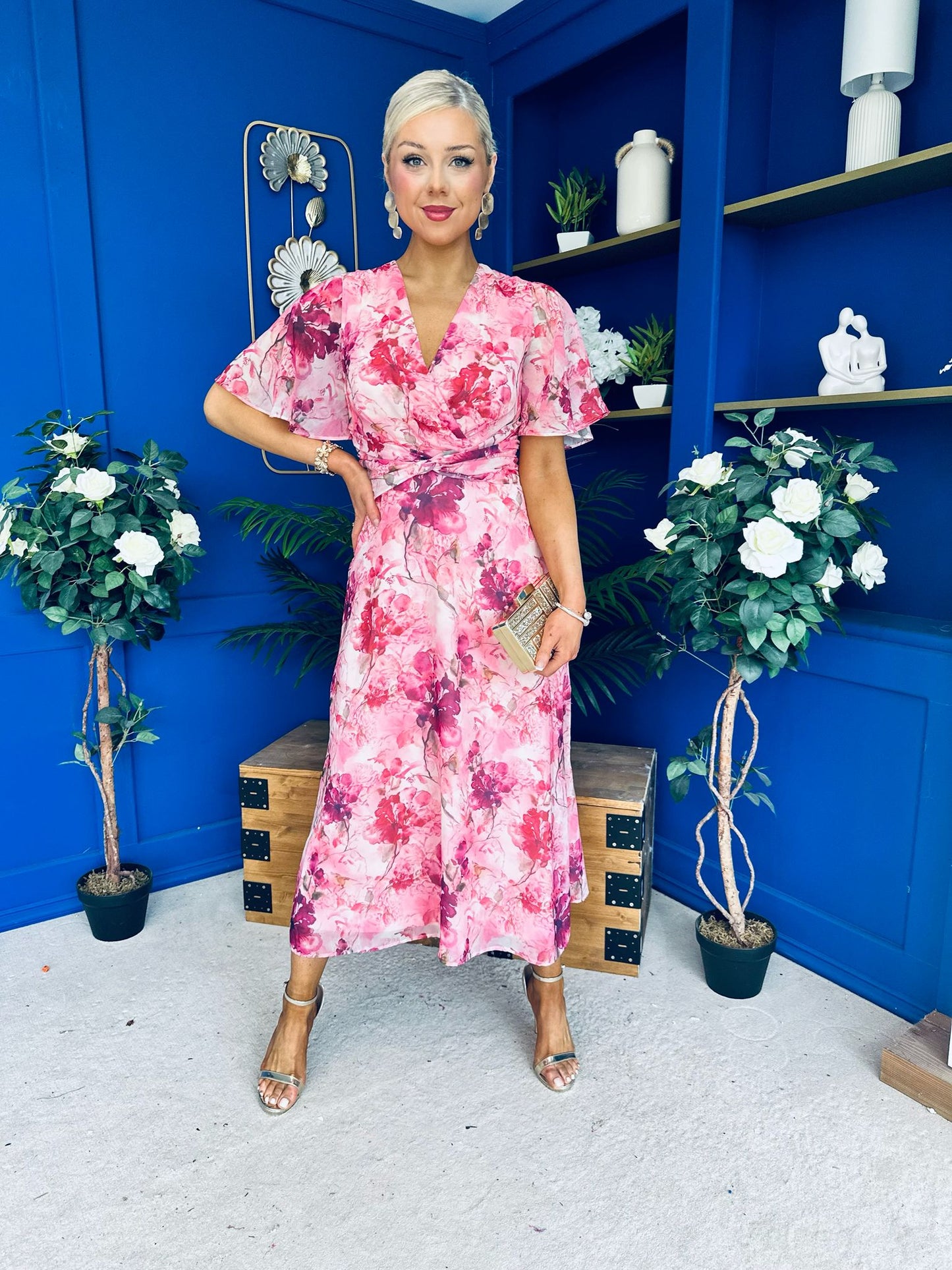 Daisy Twist Detail Midi Dress Floral Pink