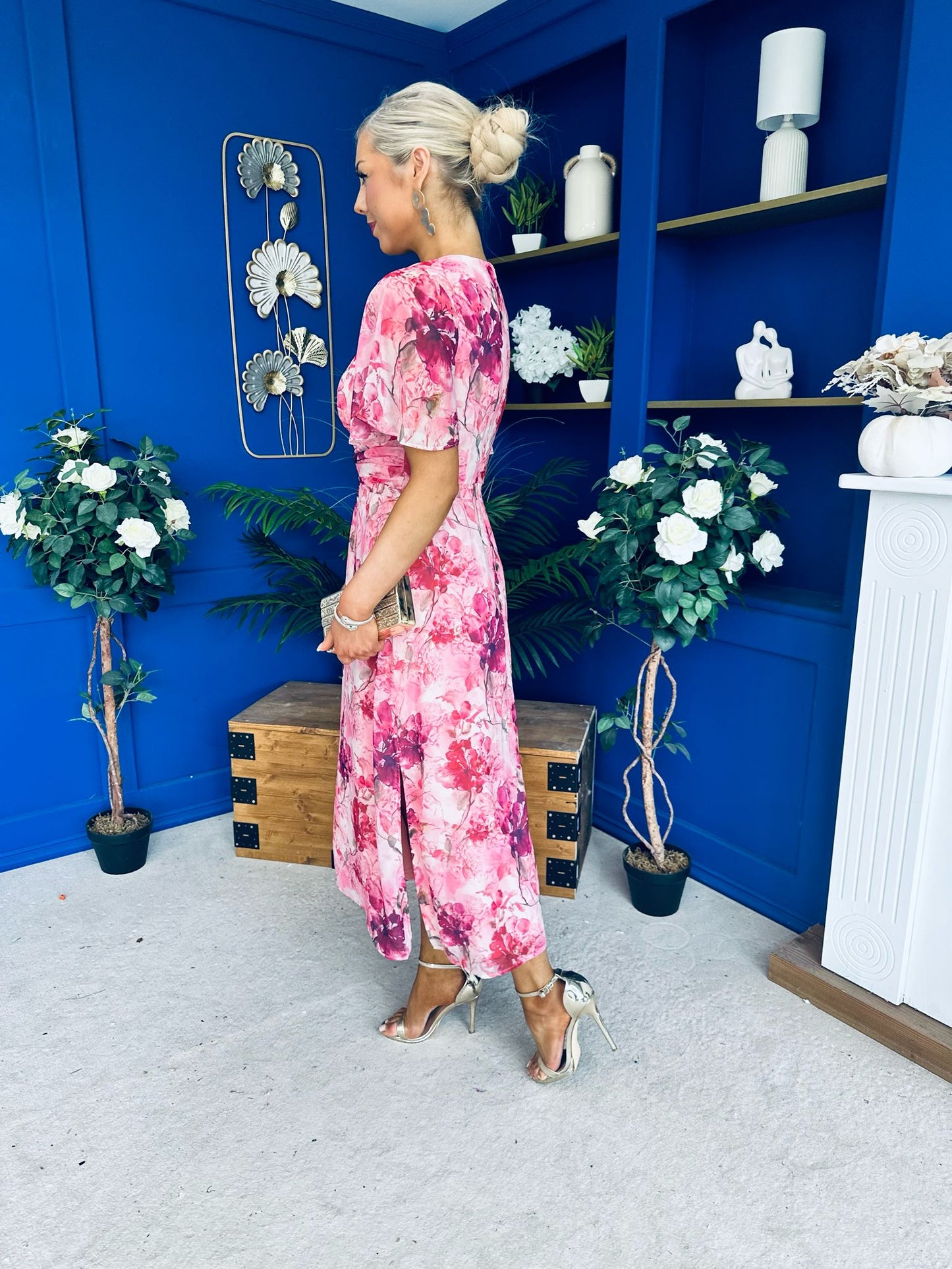Daisy Twist Detail Midi Dress Floral Pink