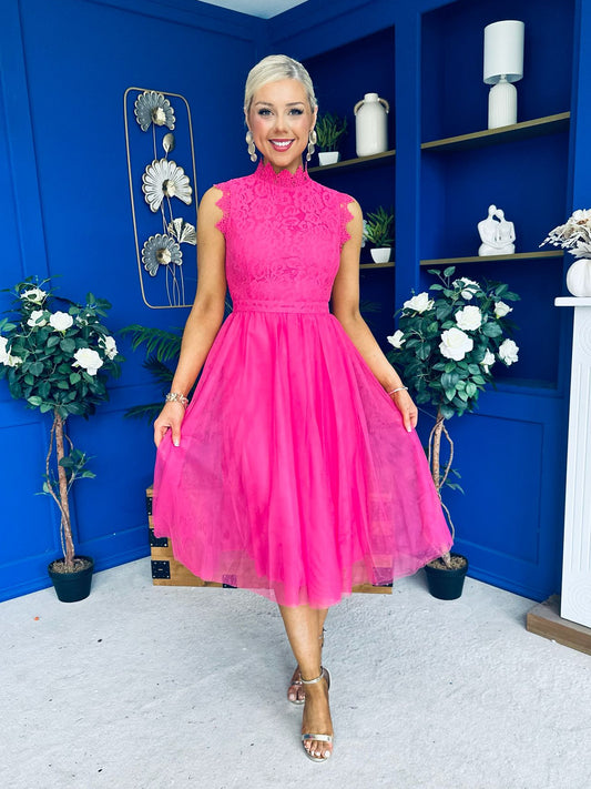 Sharon Lace & Tulle Occasion Dress Fuchsia