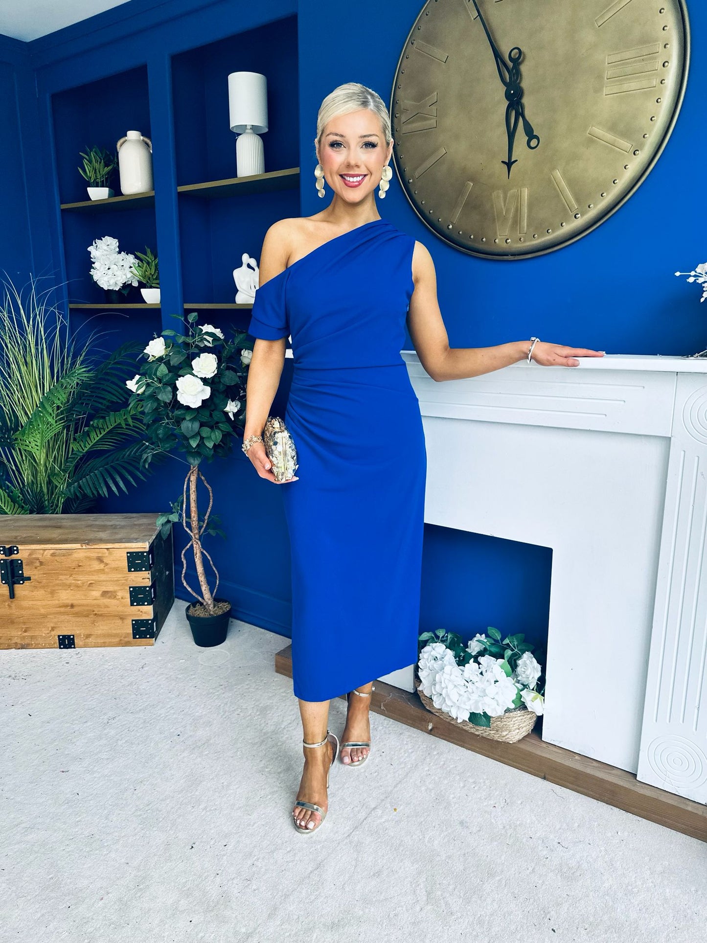 Donna Asymmetric Neckline Midi Dress Cobalt