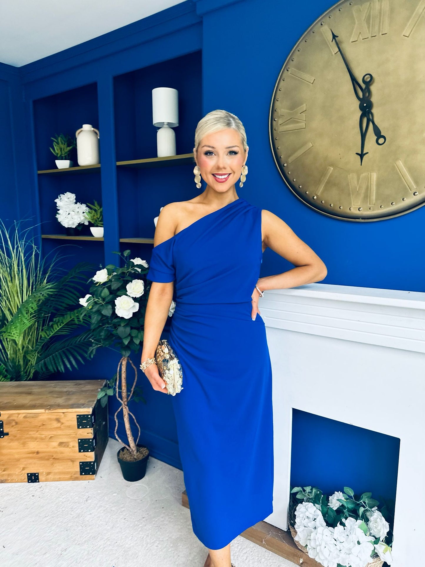 Donna Asymmetric Neckline Midi Dress Cobalt