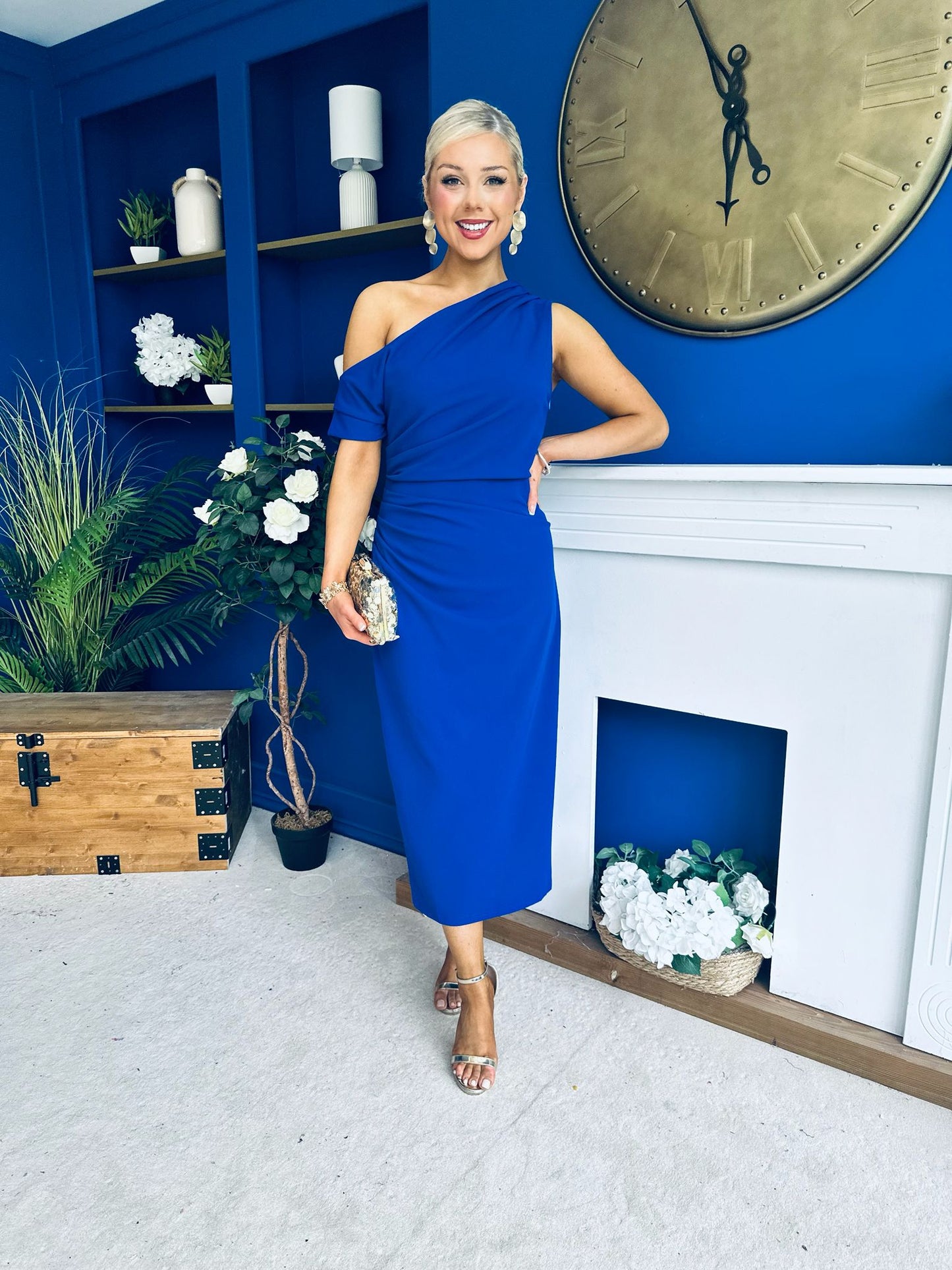 asymmetric neckline midi dress Donna Asymmetric Neckline Midi Dress Cobalt – Canella Lane
