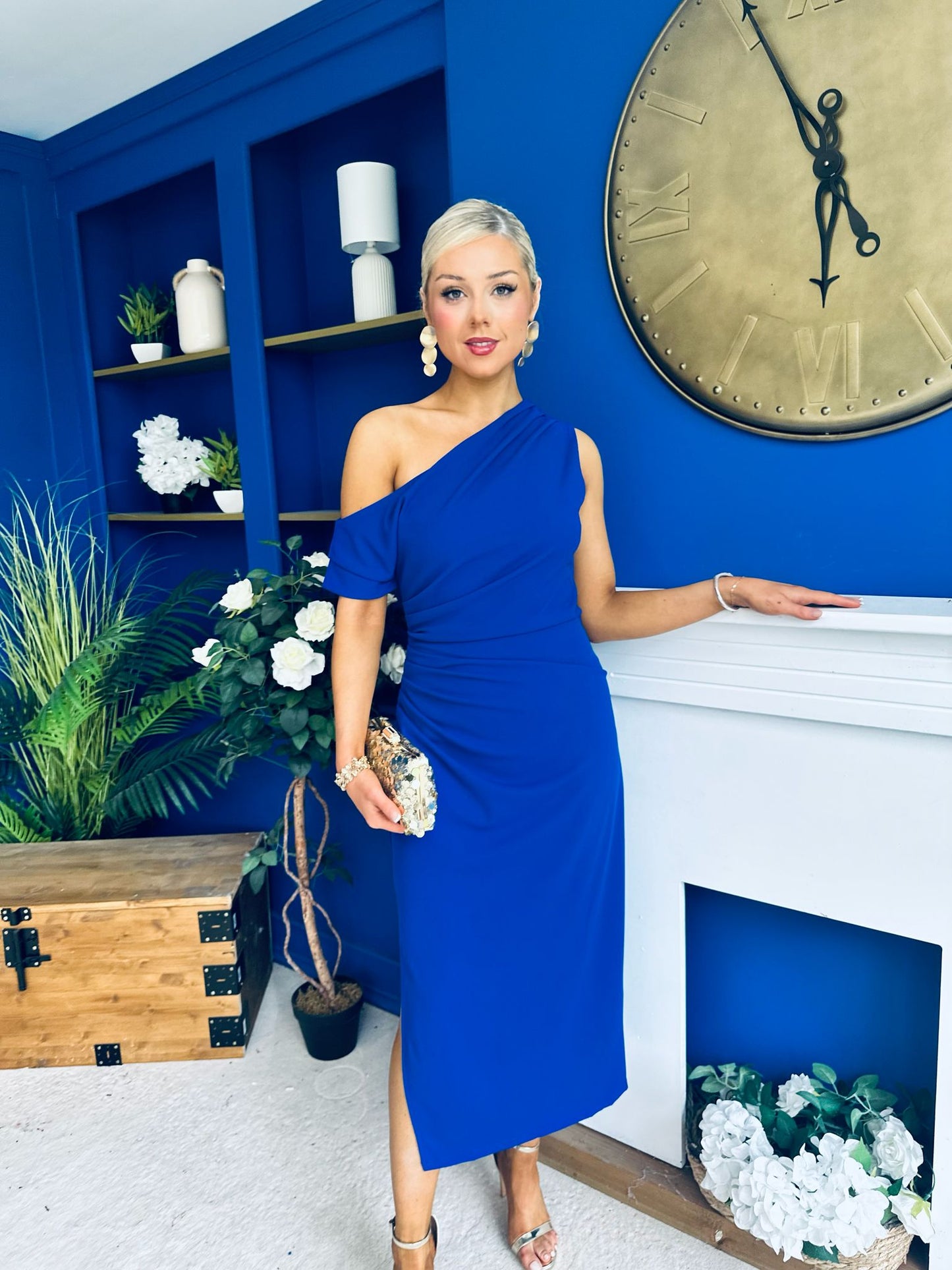 Donna Asymmetric Neckline Midi Dress Cobalt