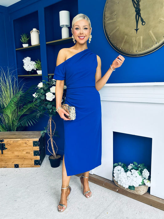 Donna Asymmetric Neckline Midi Dress Cobalt