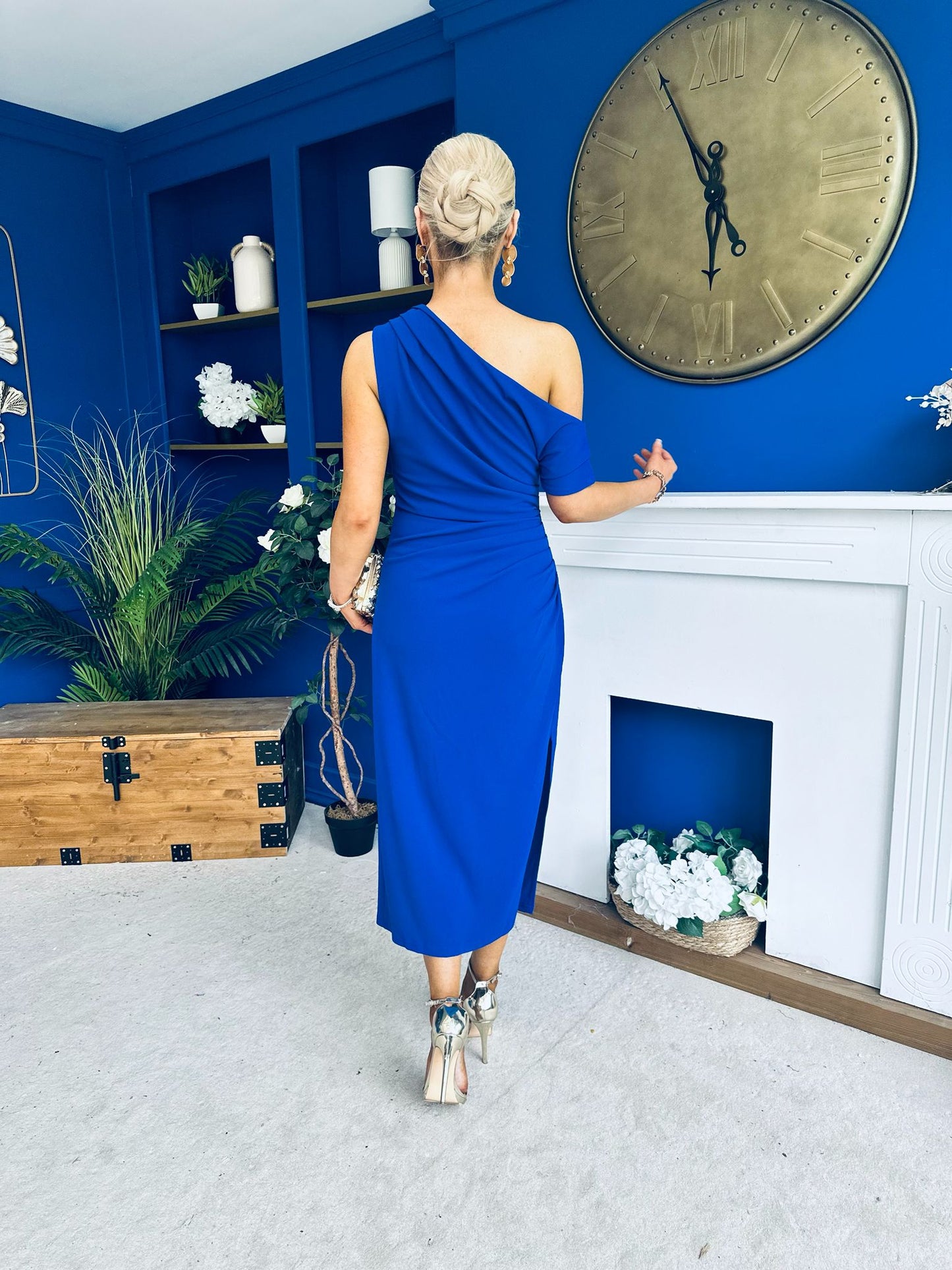 Donna Asymmetric Neckline Midi Dress Cobalt