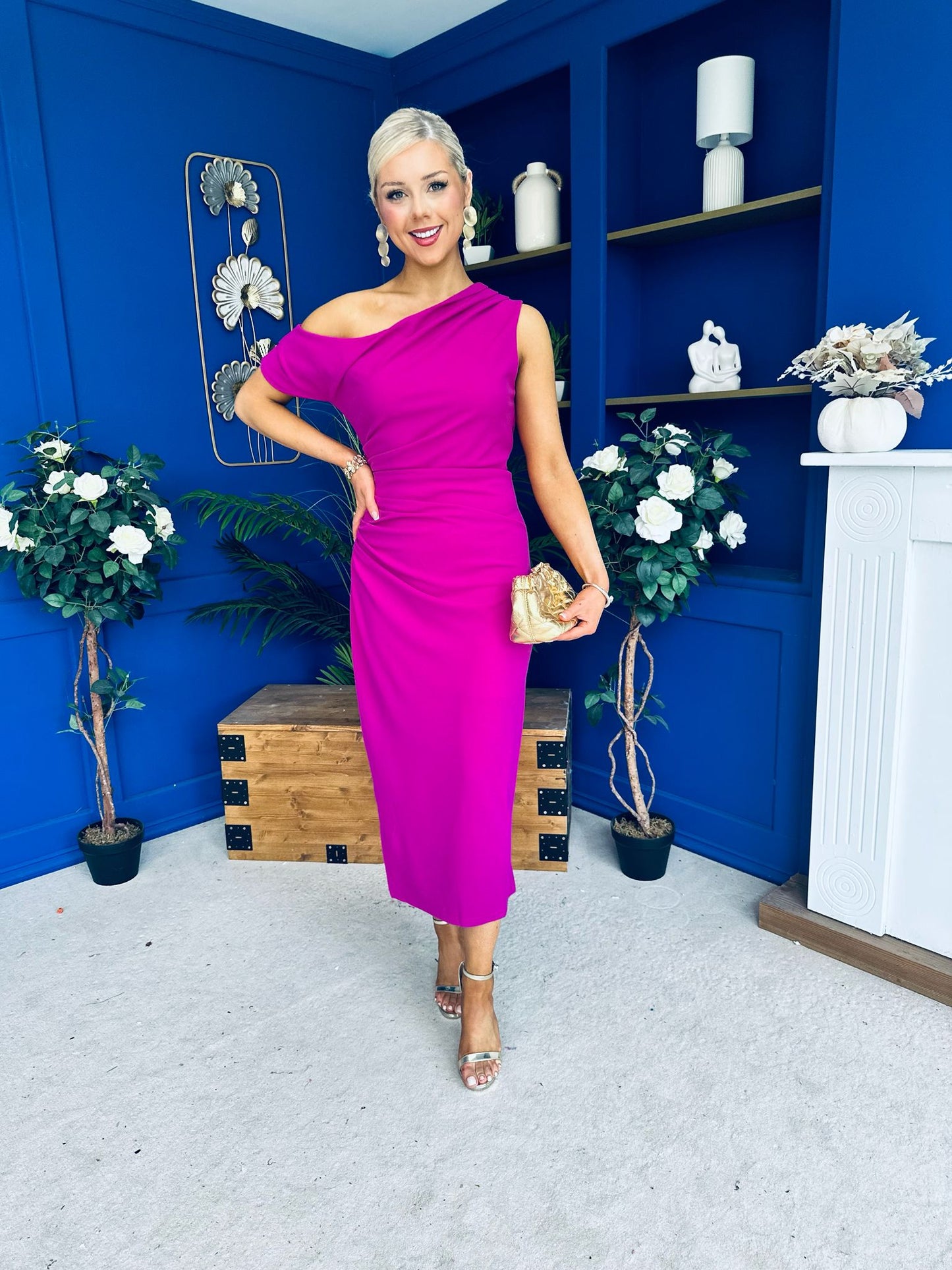 Donna Asymmetric Neckline Midi Dress Orchid
