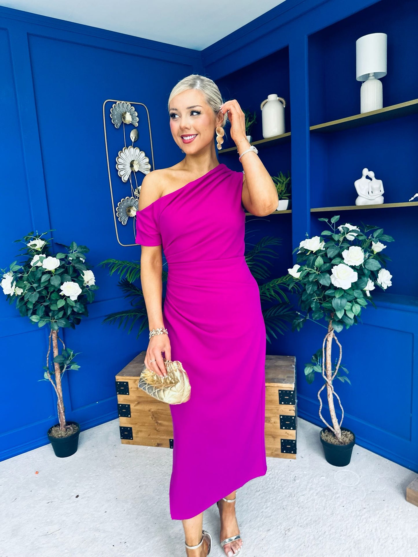 Donna Asymmetric Neckline Midi Dress Orchid