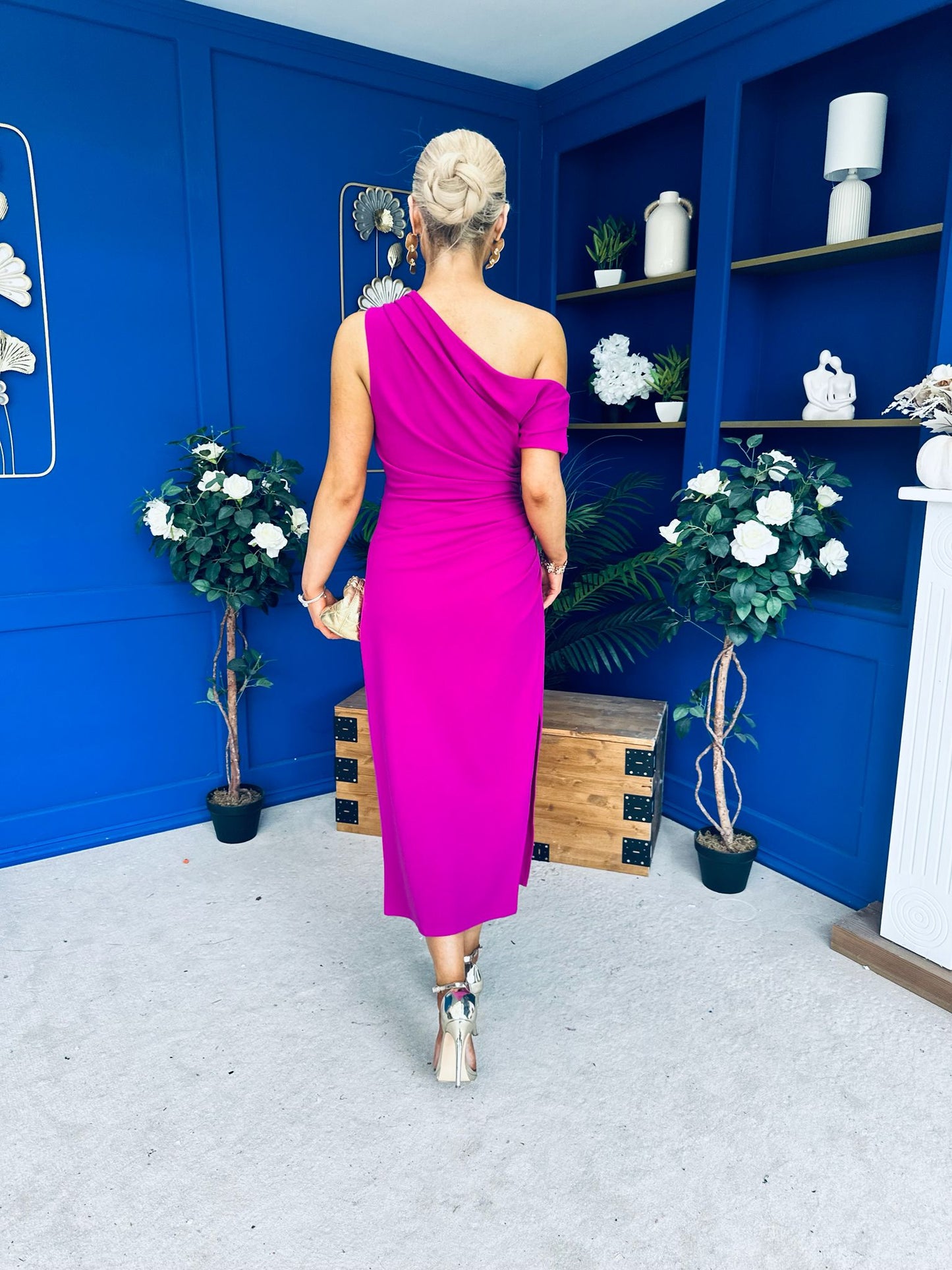 Donna Asymmetric Neckline Midi Dress Orchid