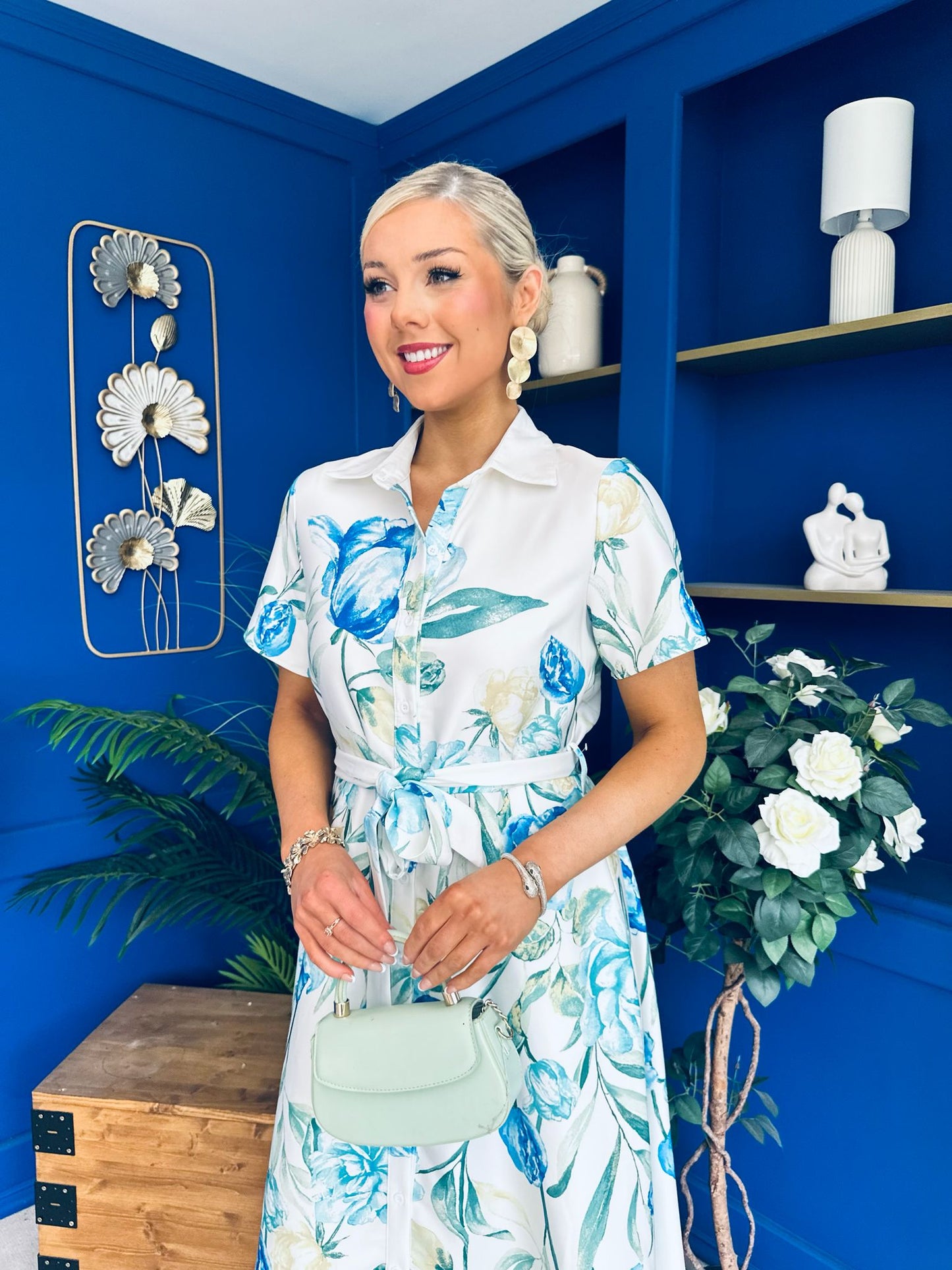 Roselia Belted Shirt Dress Ivory Floral Blue