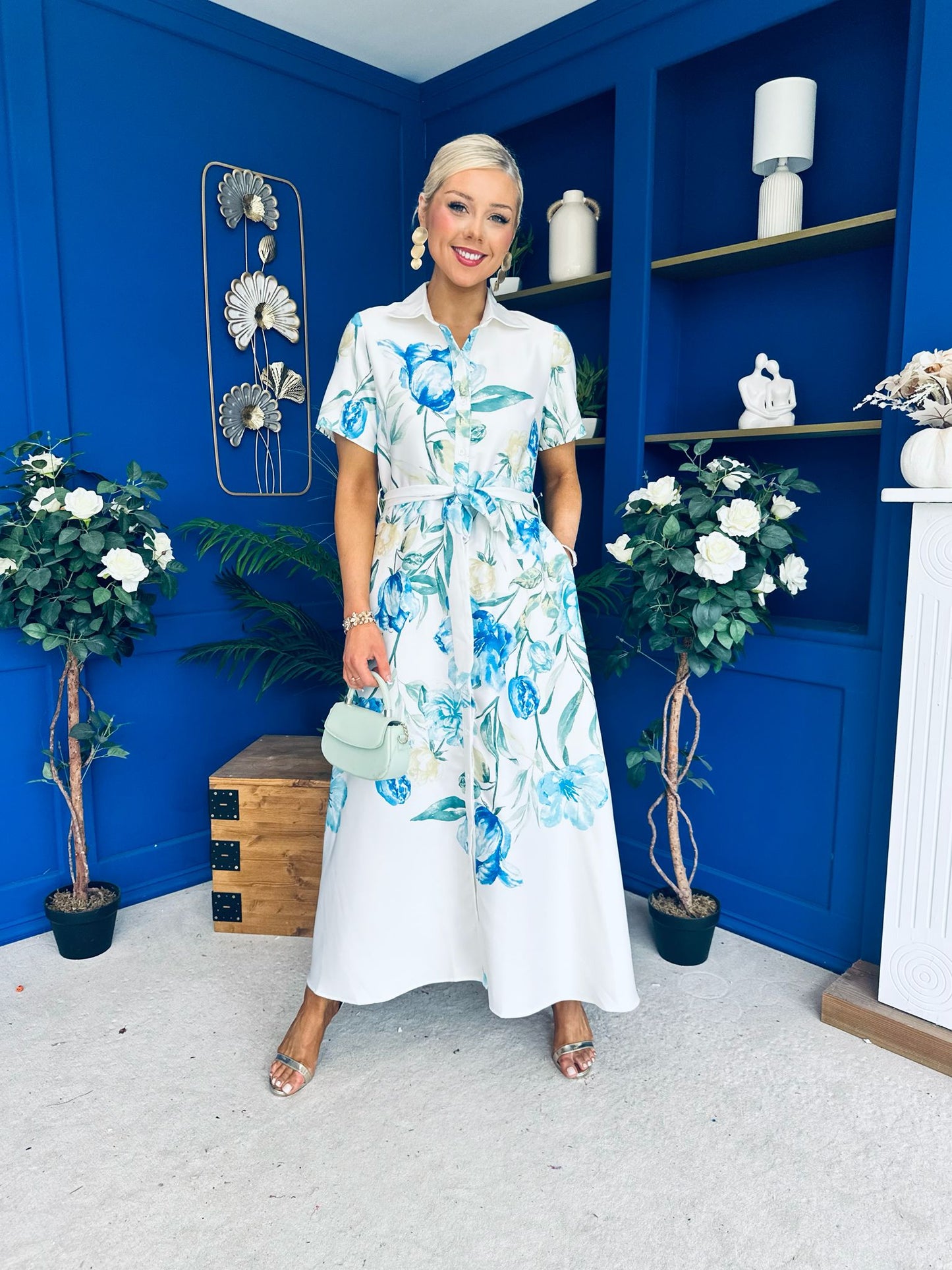 Roselia Belted Shirt Dress Ivory Floral Blue