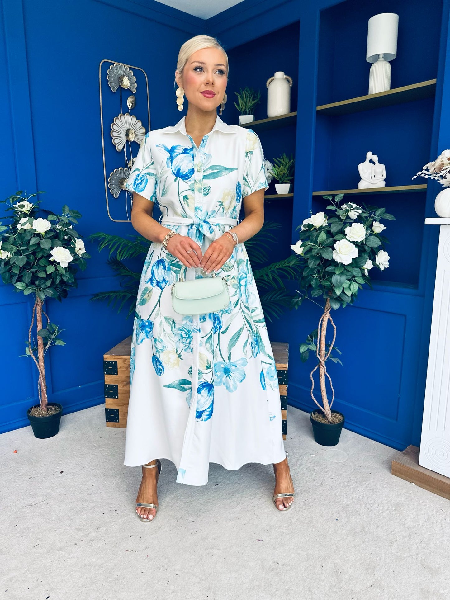 Roselia Belted Shirt Dress Ivory Floral Blue
