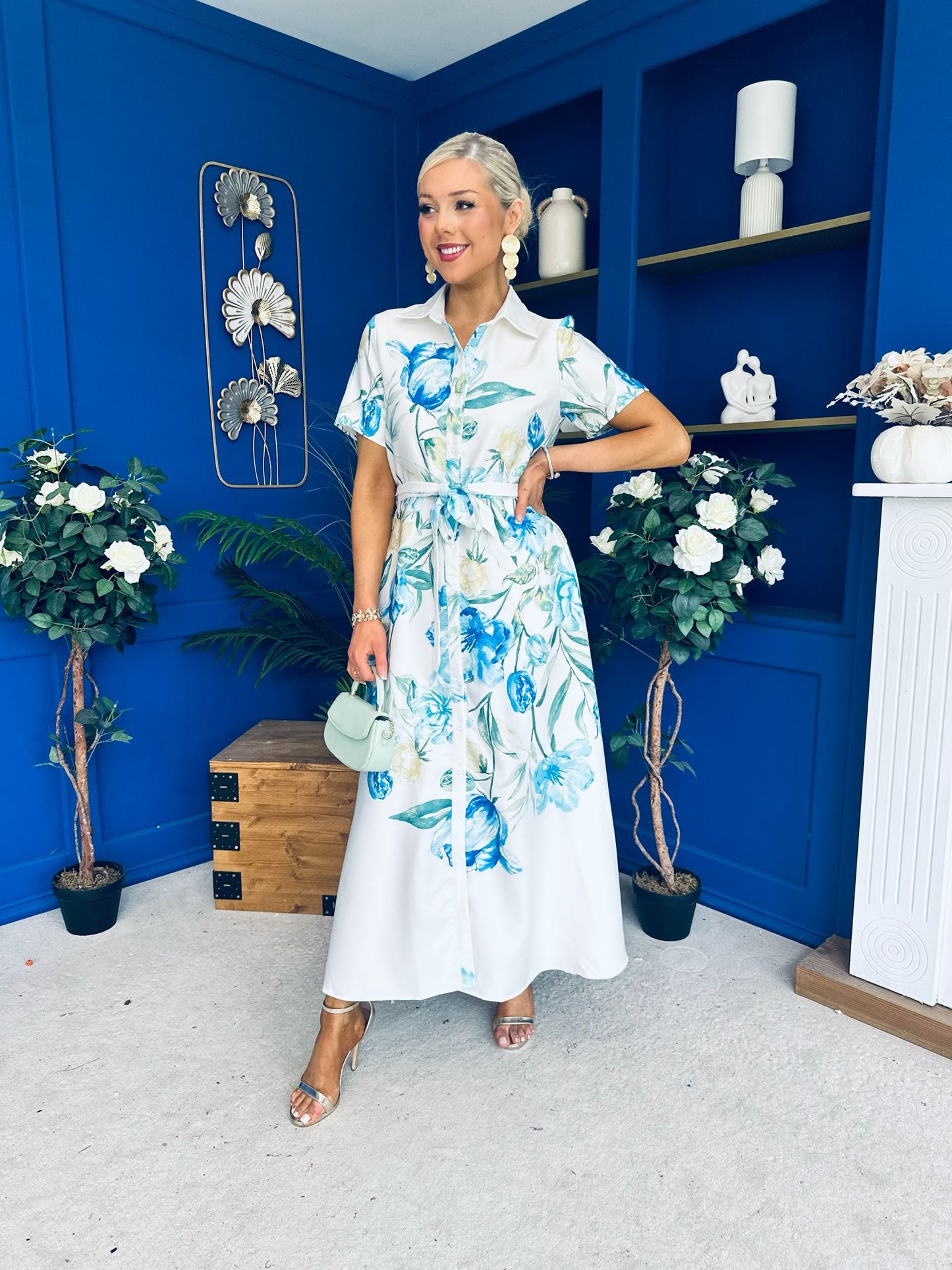 Roselia Belted Shirt Dress Ivory Floral Blue