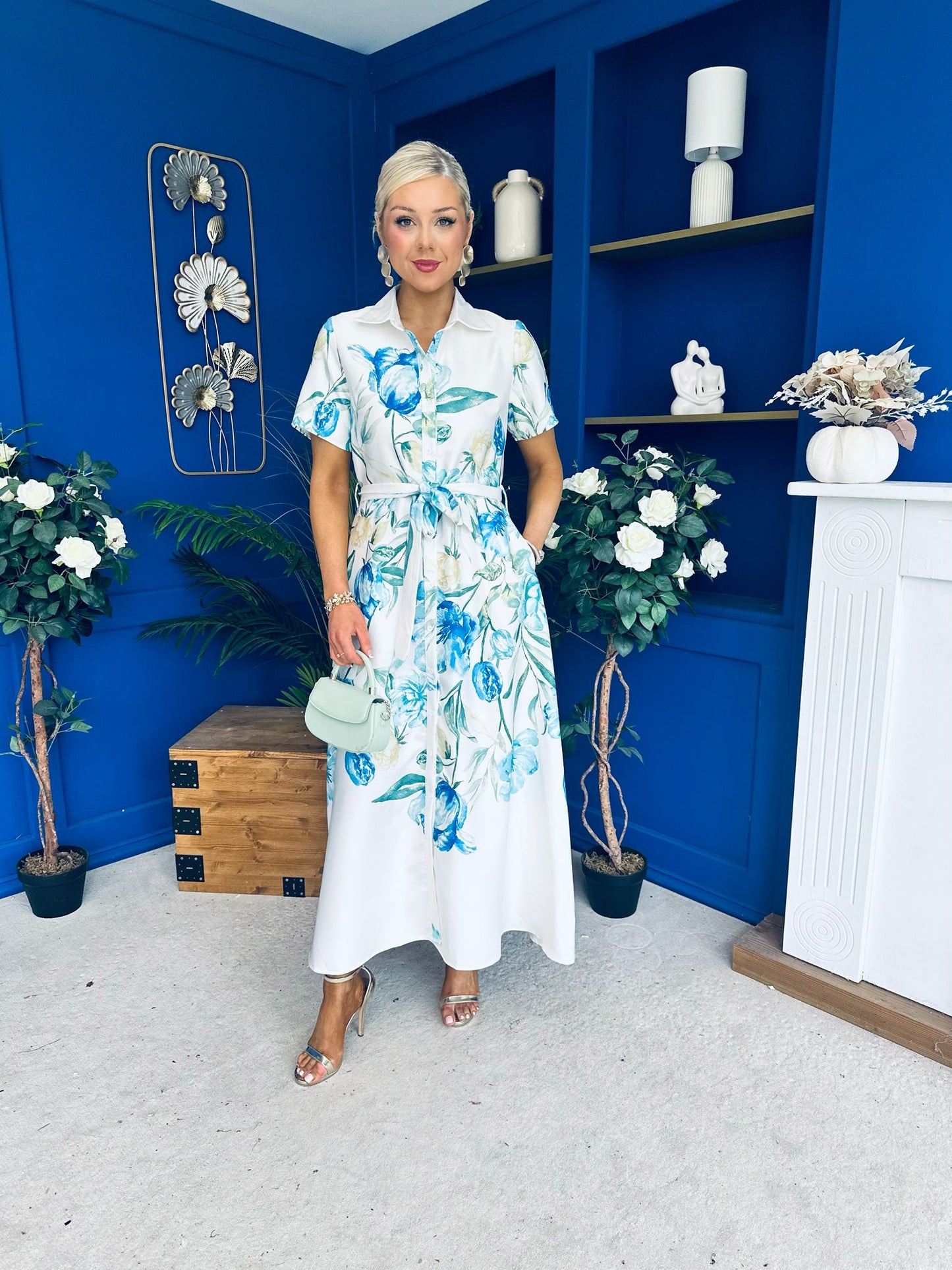 Roselia Belted Shirt Dress Ivory Floral Blue
