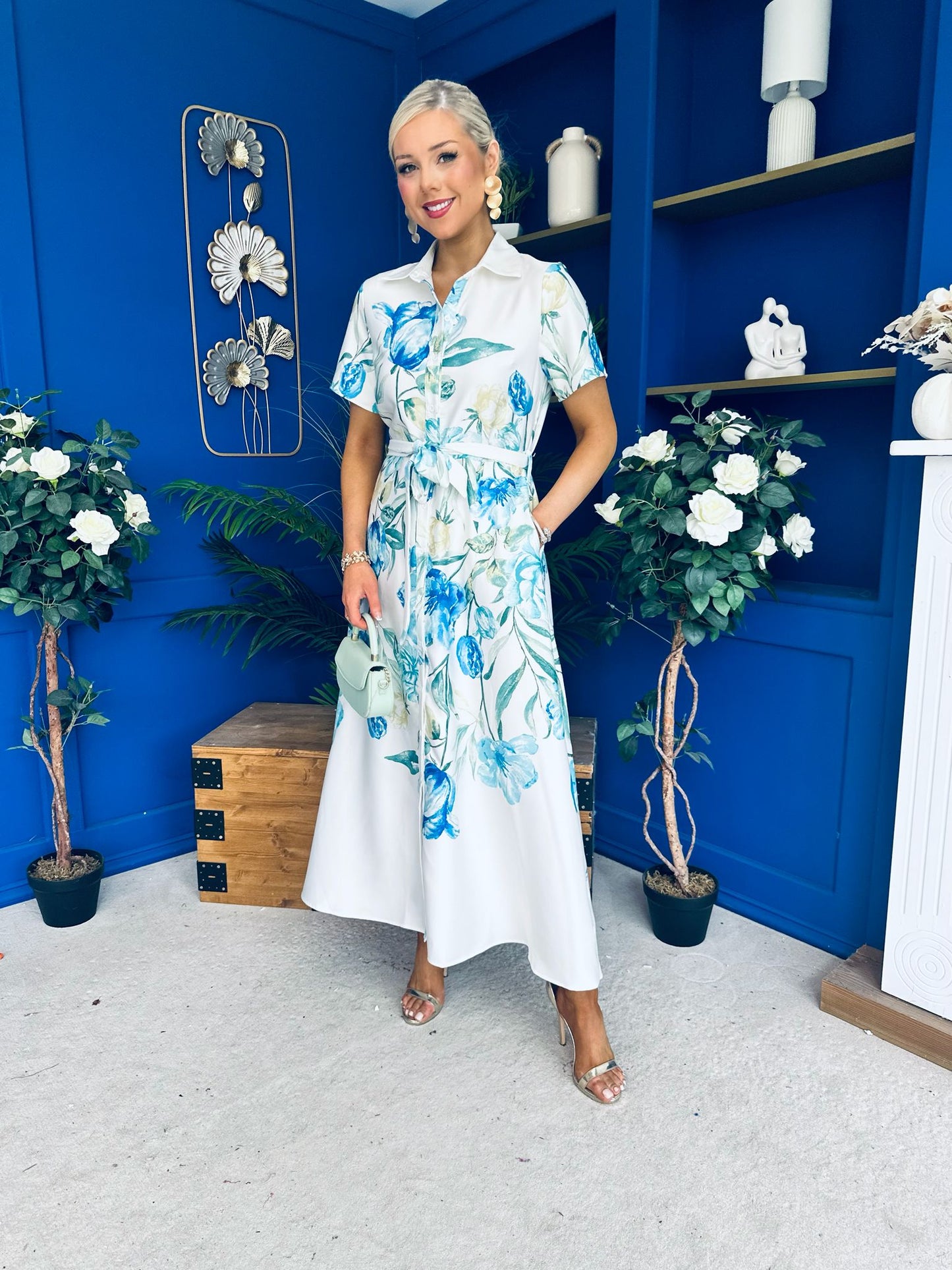 Roselia Belted Shirt Dress Ivory Floral Blue