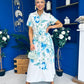 Roselia Belted Shirt Dress Ivory Floral Blue