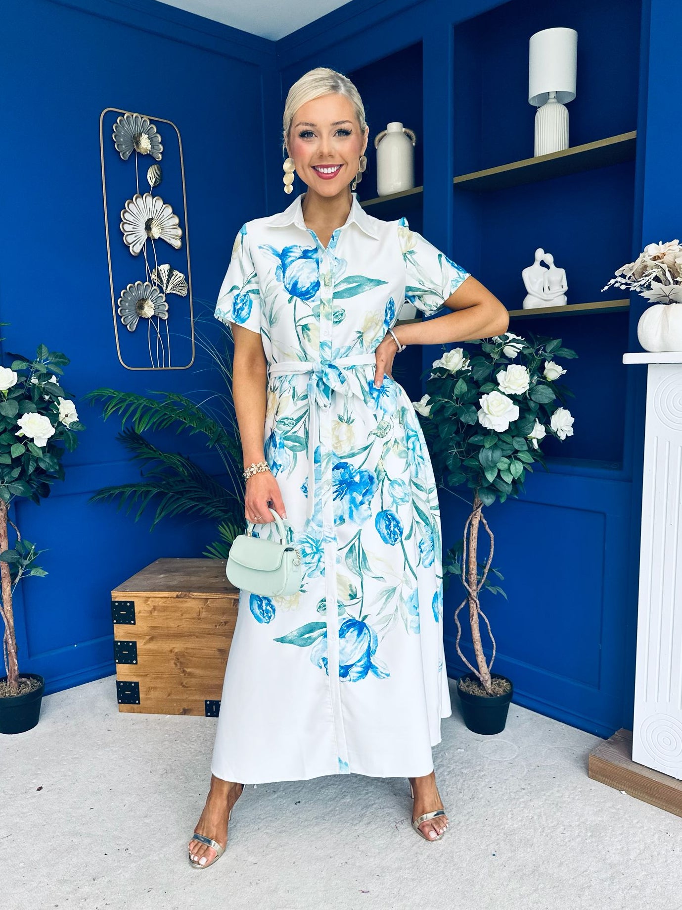 Roselia Belted Shirt Dress Ivory Floral Blue