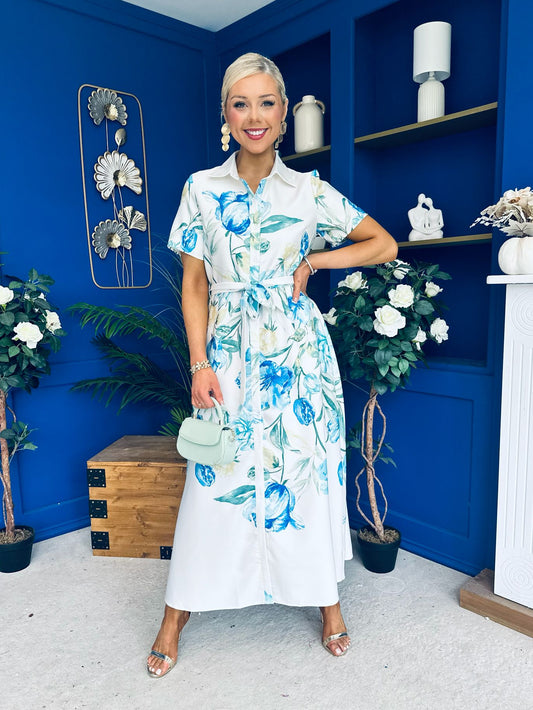 Roselia Belted Shirt Dress Ivory Floral Blue