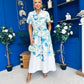Roselia Belted Shirt Dress Ivory Floral Blue