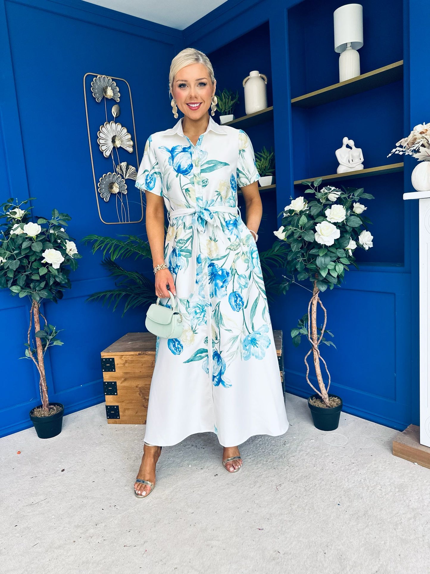Roselia Belted Shirt Dress Ivory Floral Blue