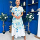 Roselia Belted Shirt Dress Ivory Floral Blue