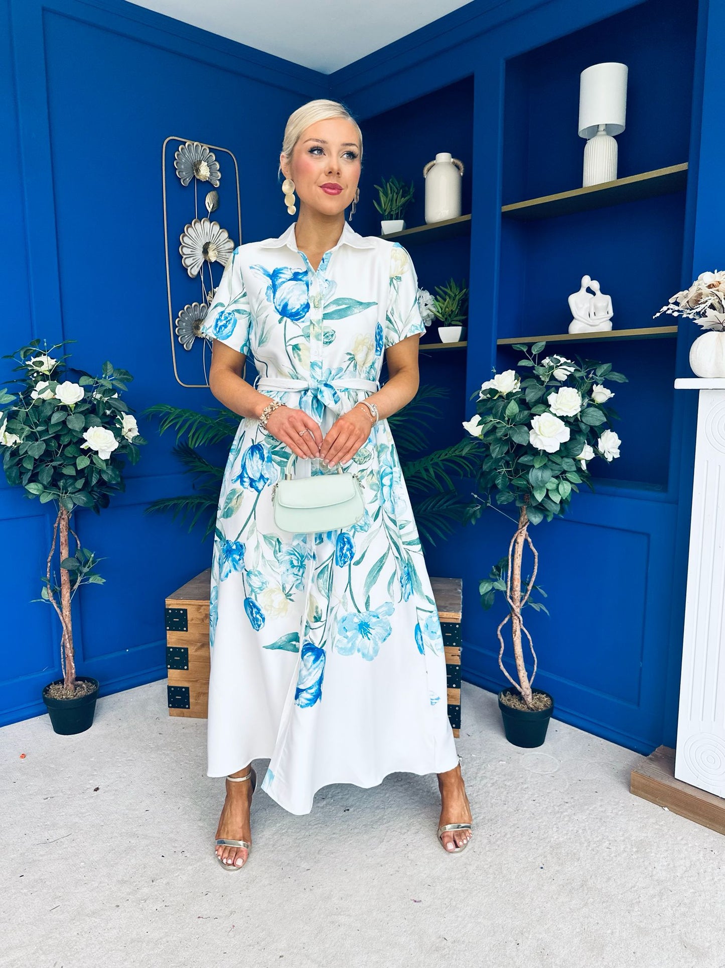 Roselia Belted Shirt Dress Ivory Floral Blue