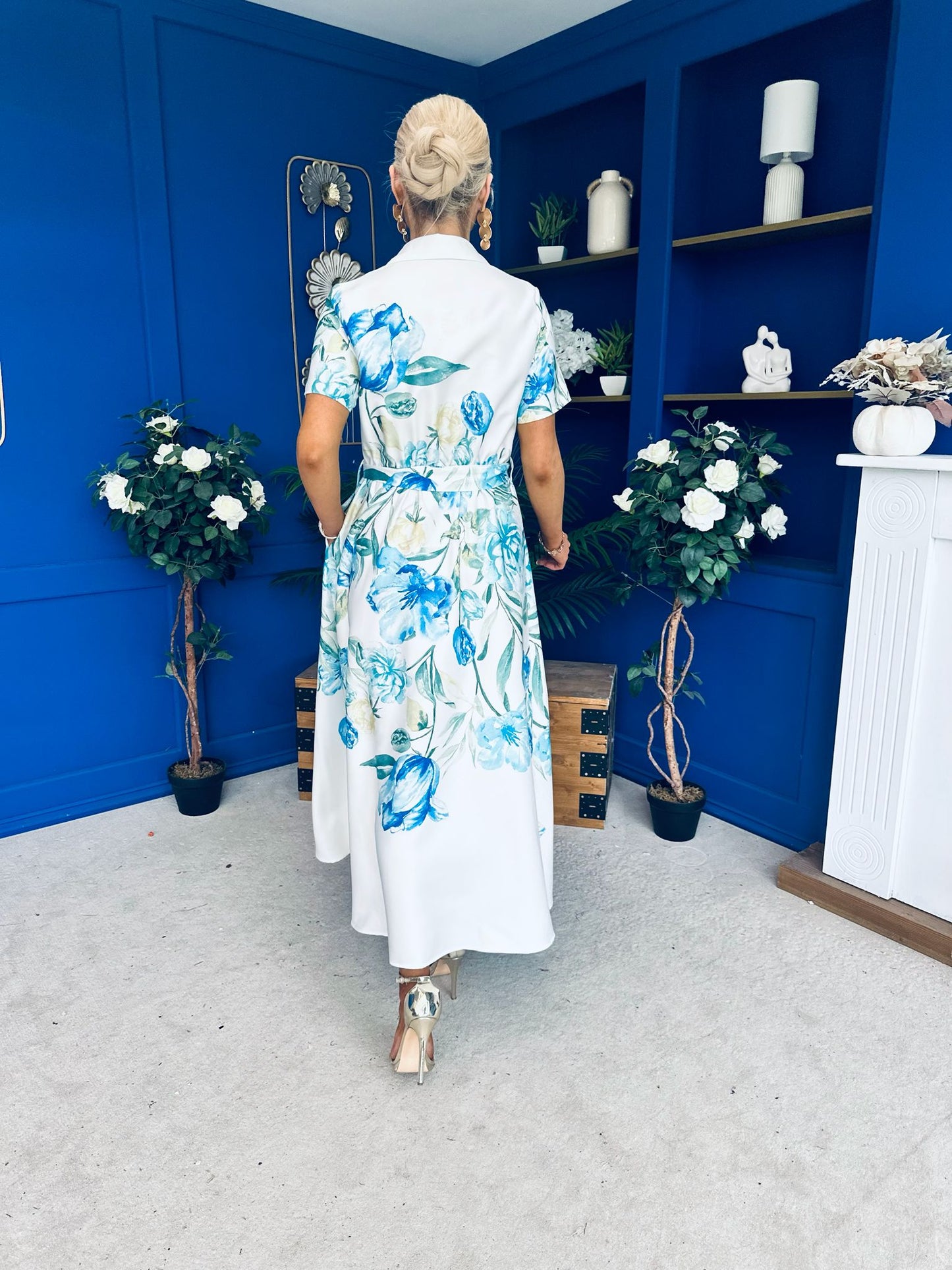 Roselia Belted Shirt Dress Ivory Floral Blue