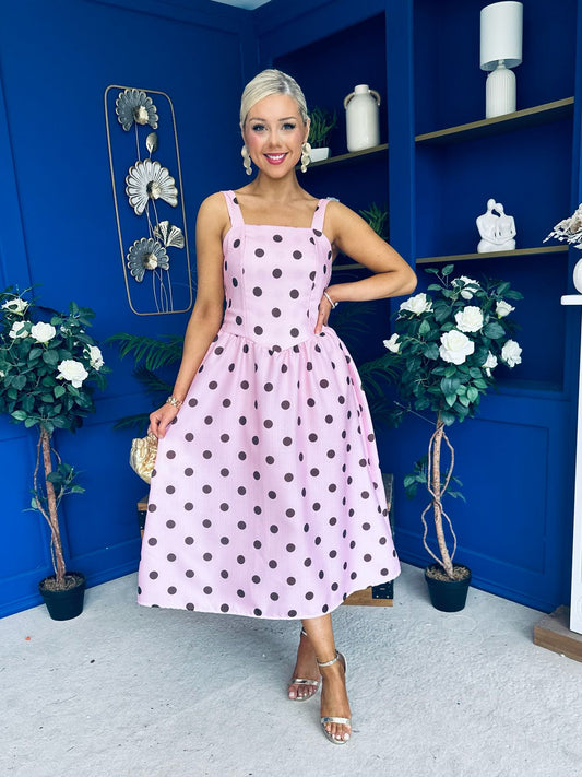 Casia Detailed Midi Dress Polka Pink