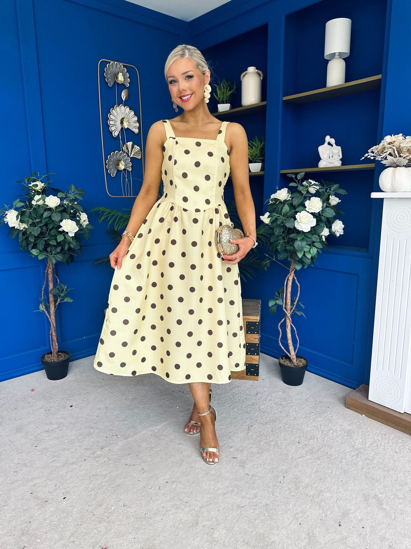 Casia Detailed Midi Dress Polka Yellow
